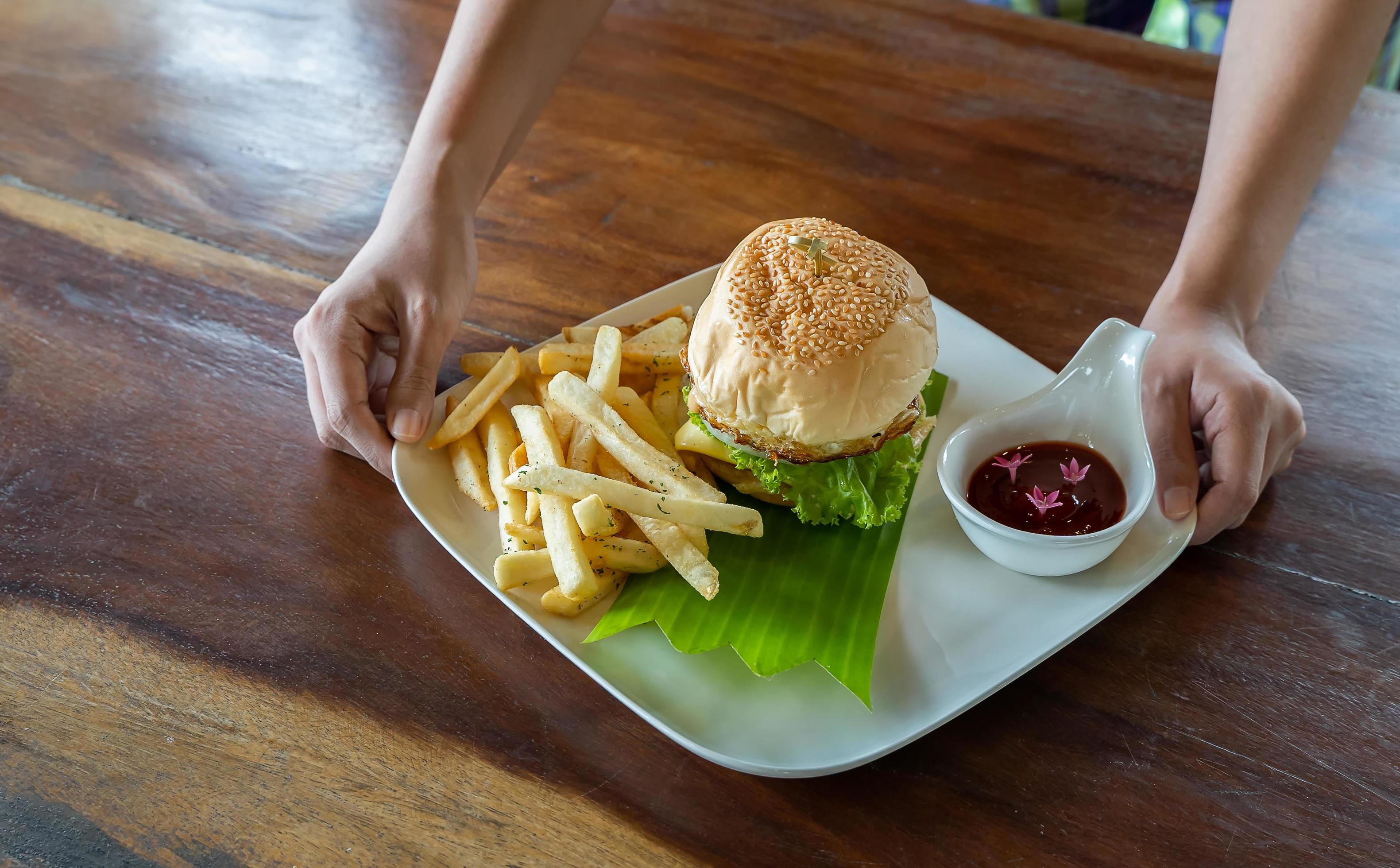 Hands holding a hamburger, Young girl holding fast food burger with french fries, tomato sauce on a white plate. Stock Free