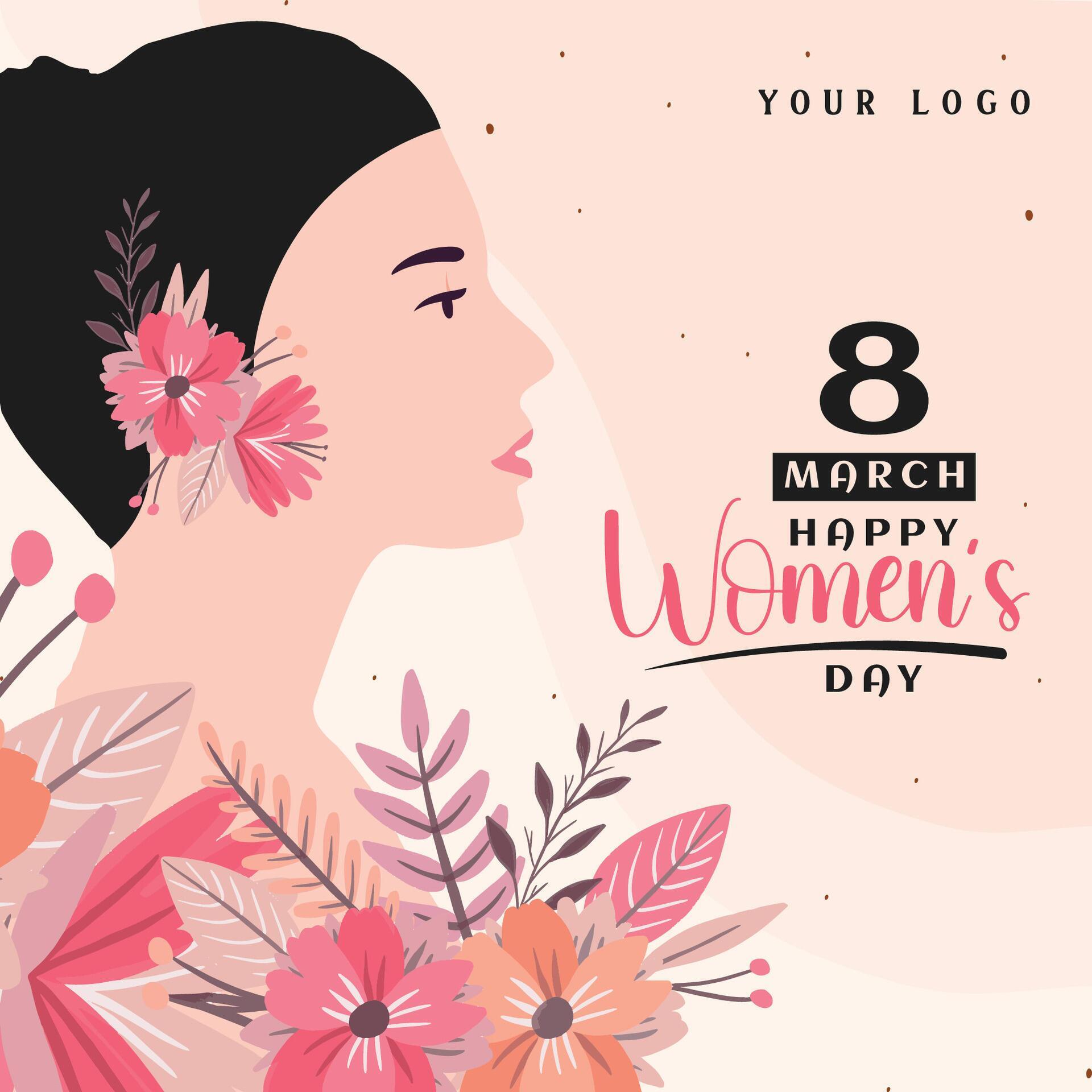 8 march womens day greeting card design with young woman illustration and flower Stock Free