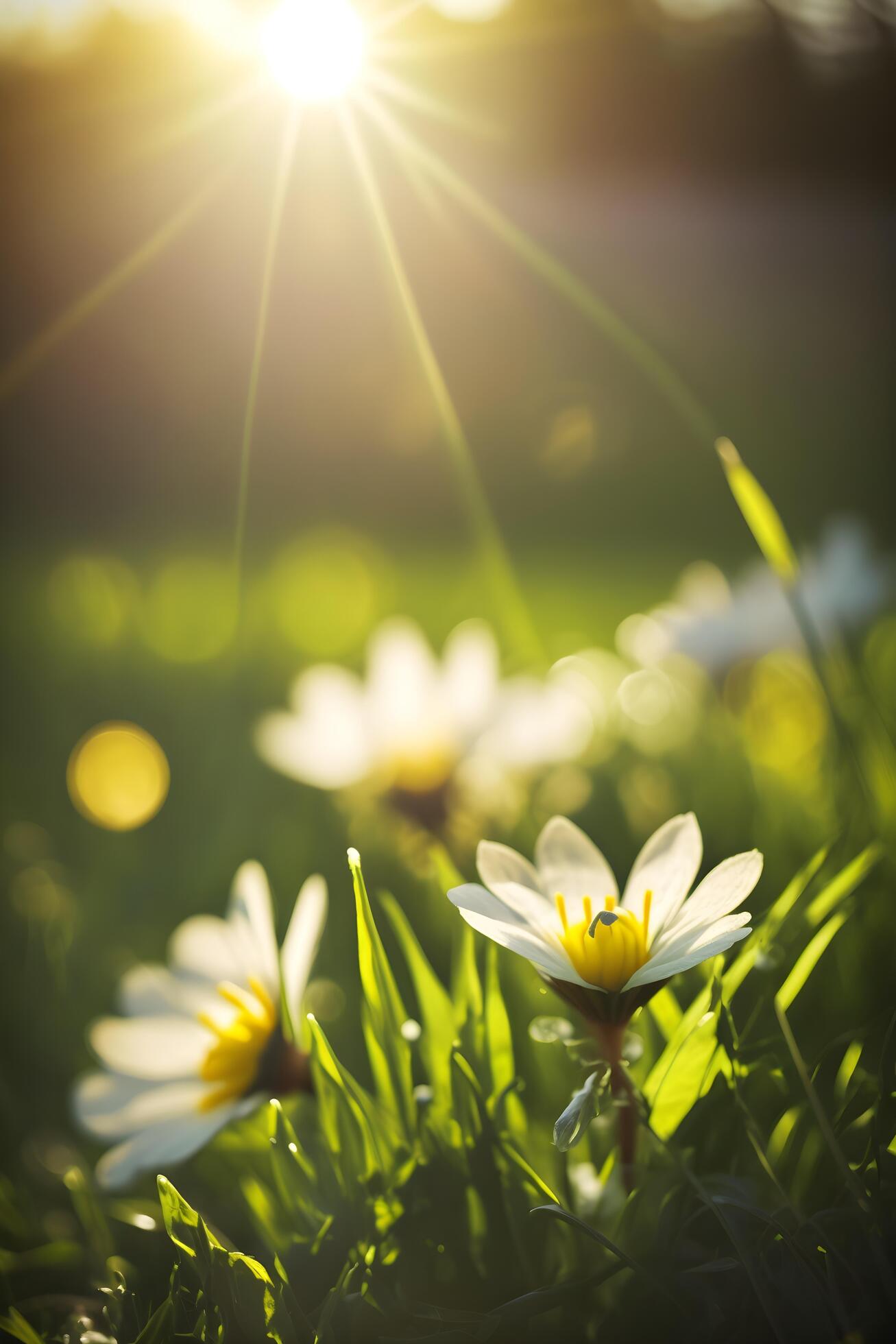 evening flowers and green grass created by technology Stock Free