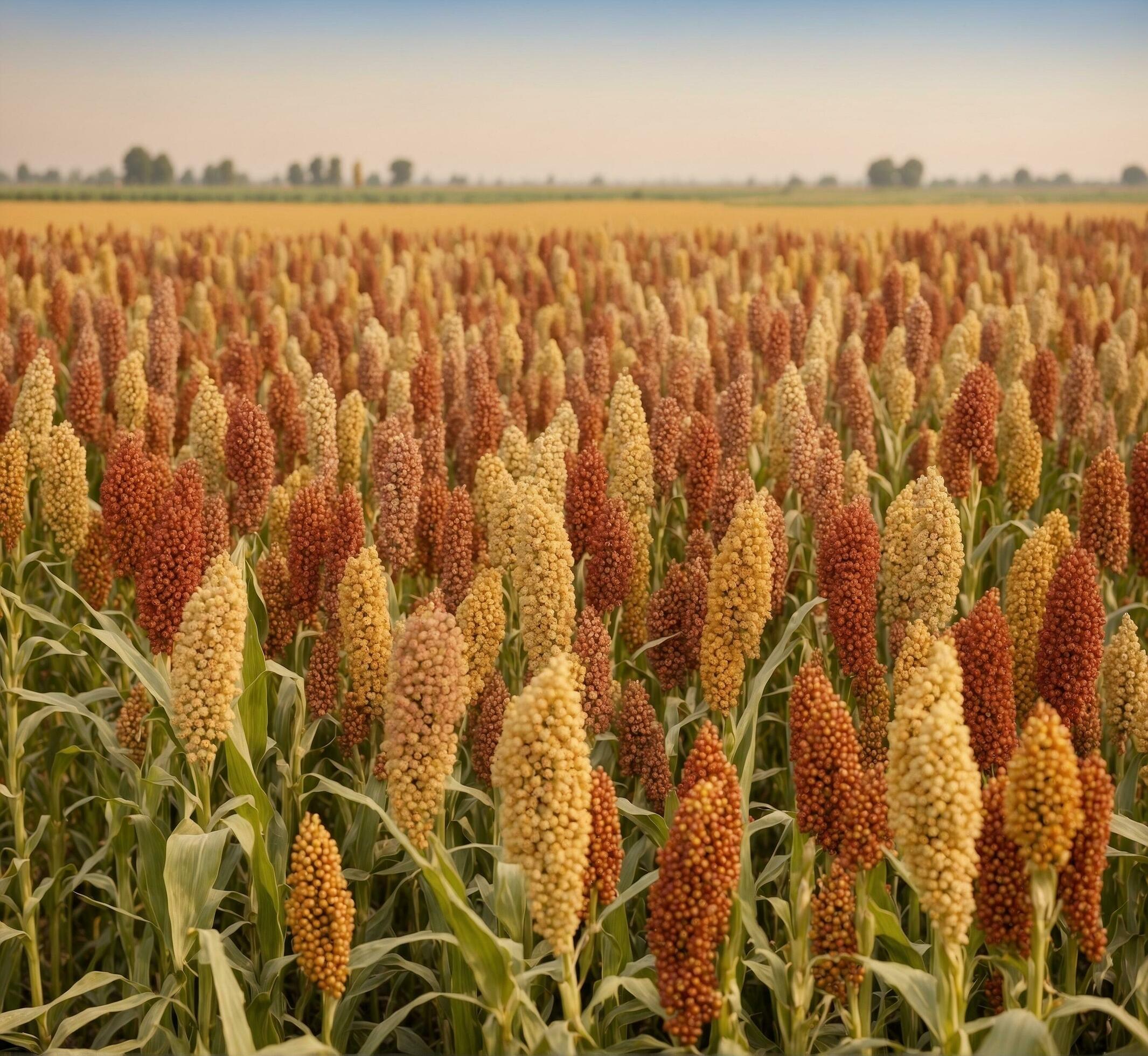 AI generated Sorghum in the field. Sorghum is a genus of flowering plants in the millet family. Stock Free