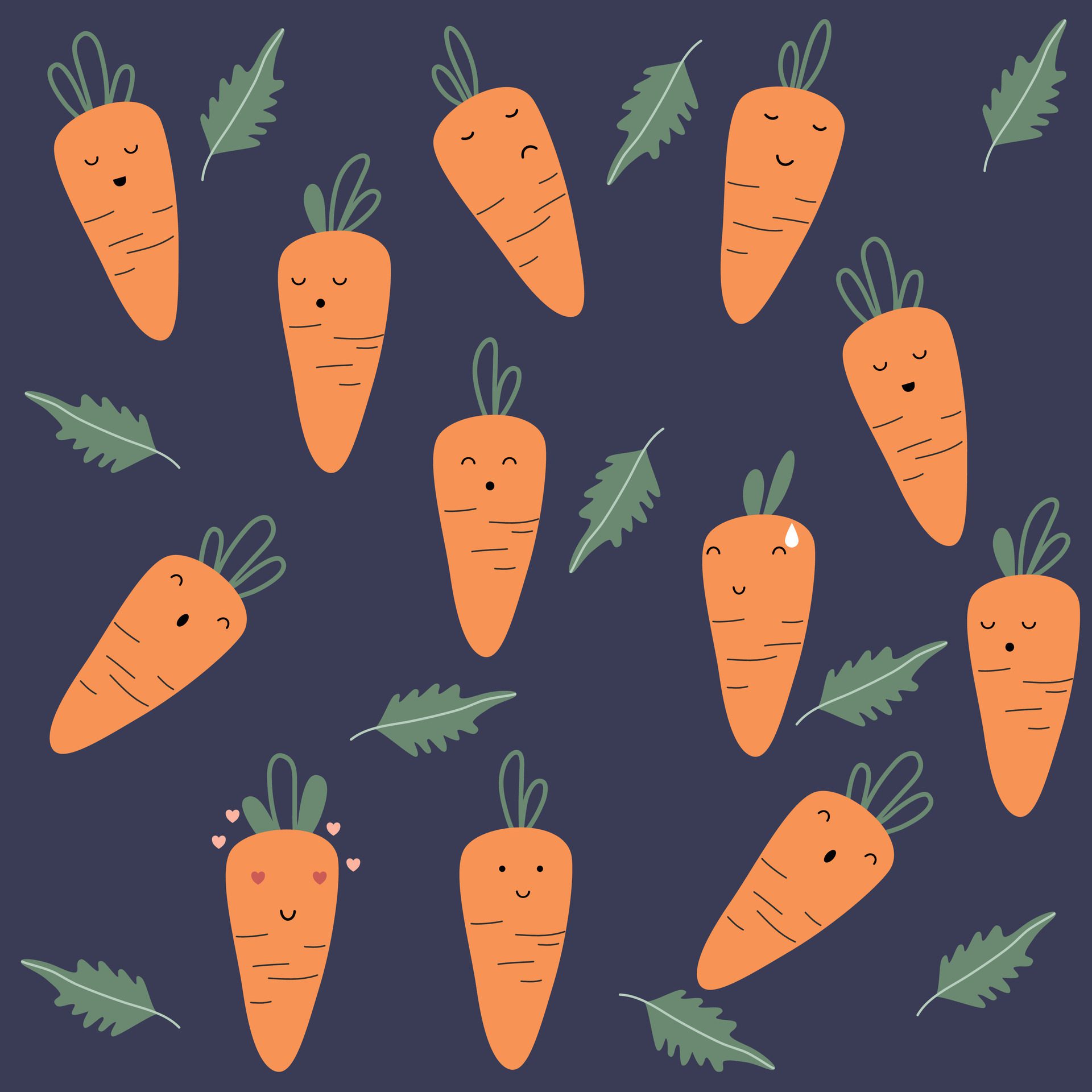 Cute hand drawn carrots and leaves pattern with face for kids. Cute fruit face expression Character. Vegetables background Free Vector