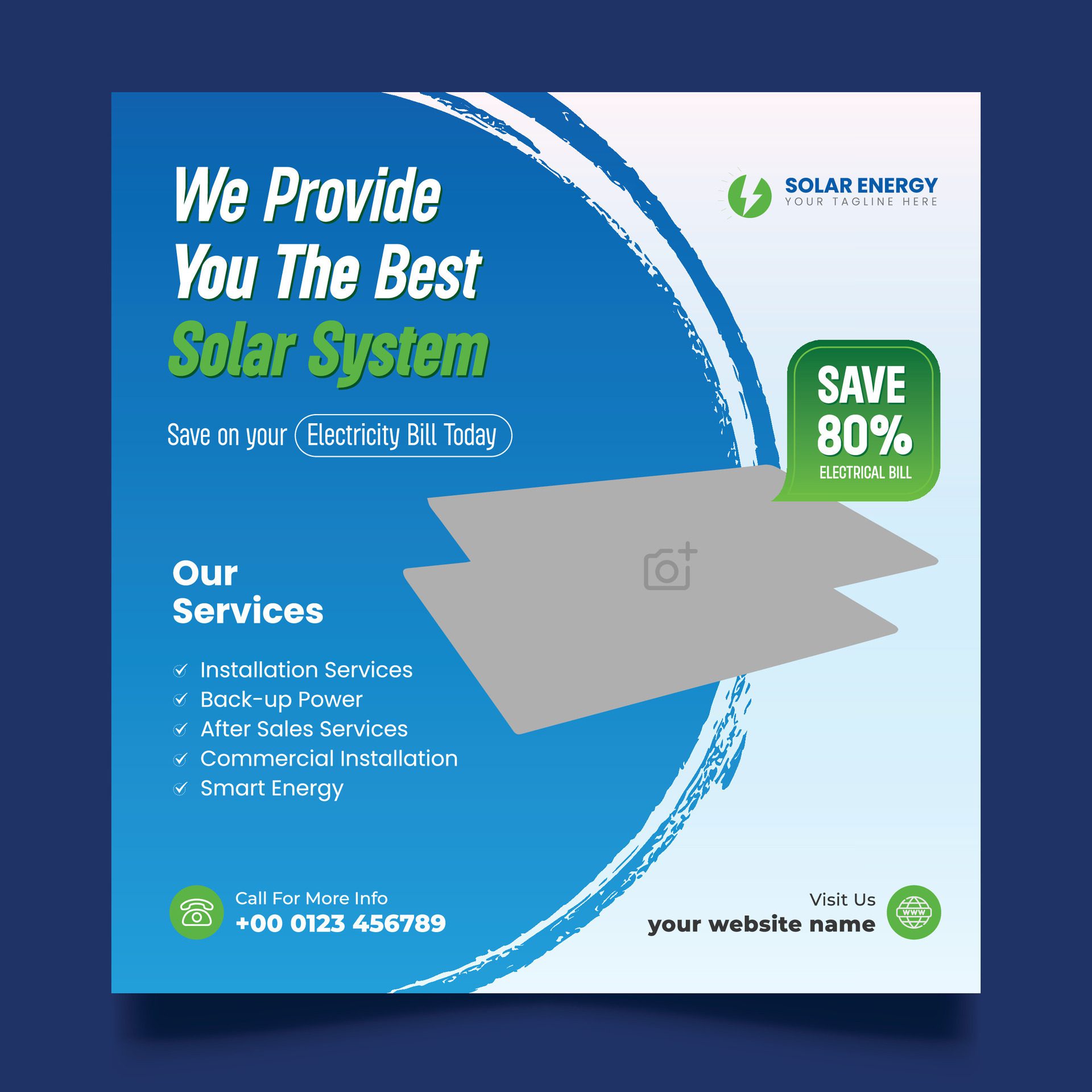 Renewable and sustainable solar energy square social media post flyer and web banner template. Free Vector