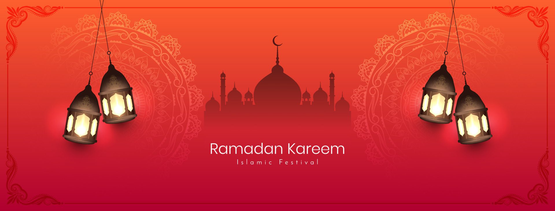 Religious Ramadan Kareem islamic festival greeting banner with mosque Free Vector