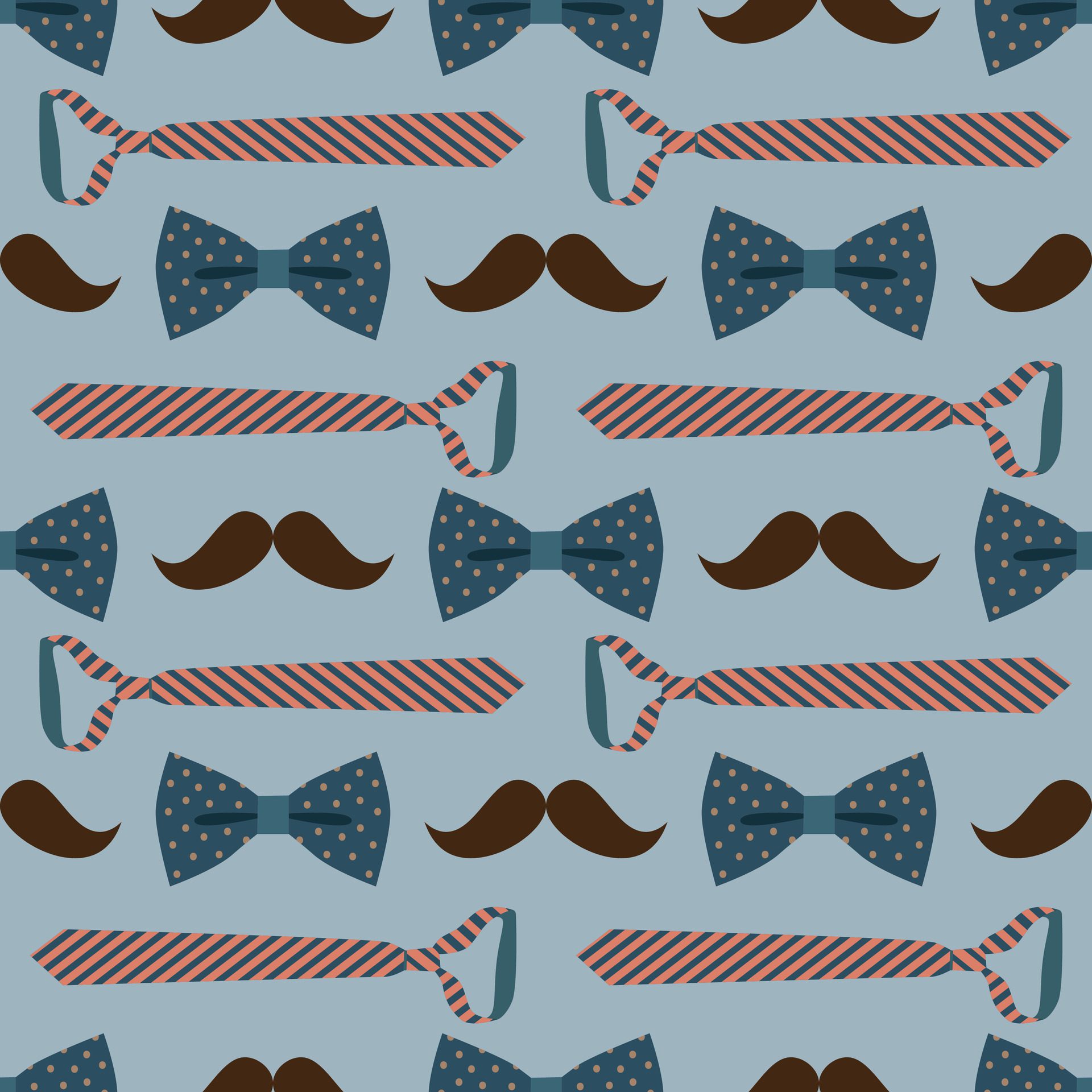 Father’s day seamless pattern. Bow tie, mustache and tie on a blue background. illustration for wrapping paper, background, greeting card. Free Vector