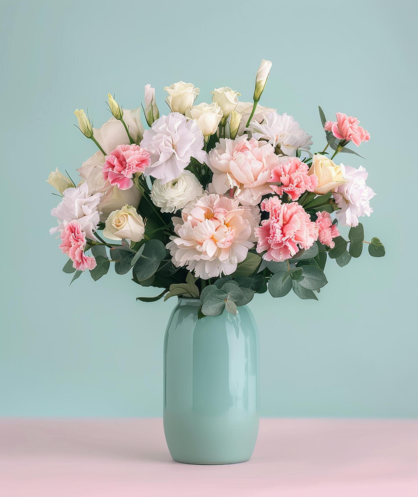 Elegant Floral Arrangement in Pastel Tones on Mint Green Background Stock Free