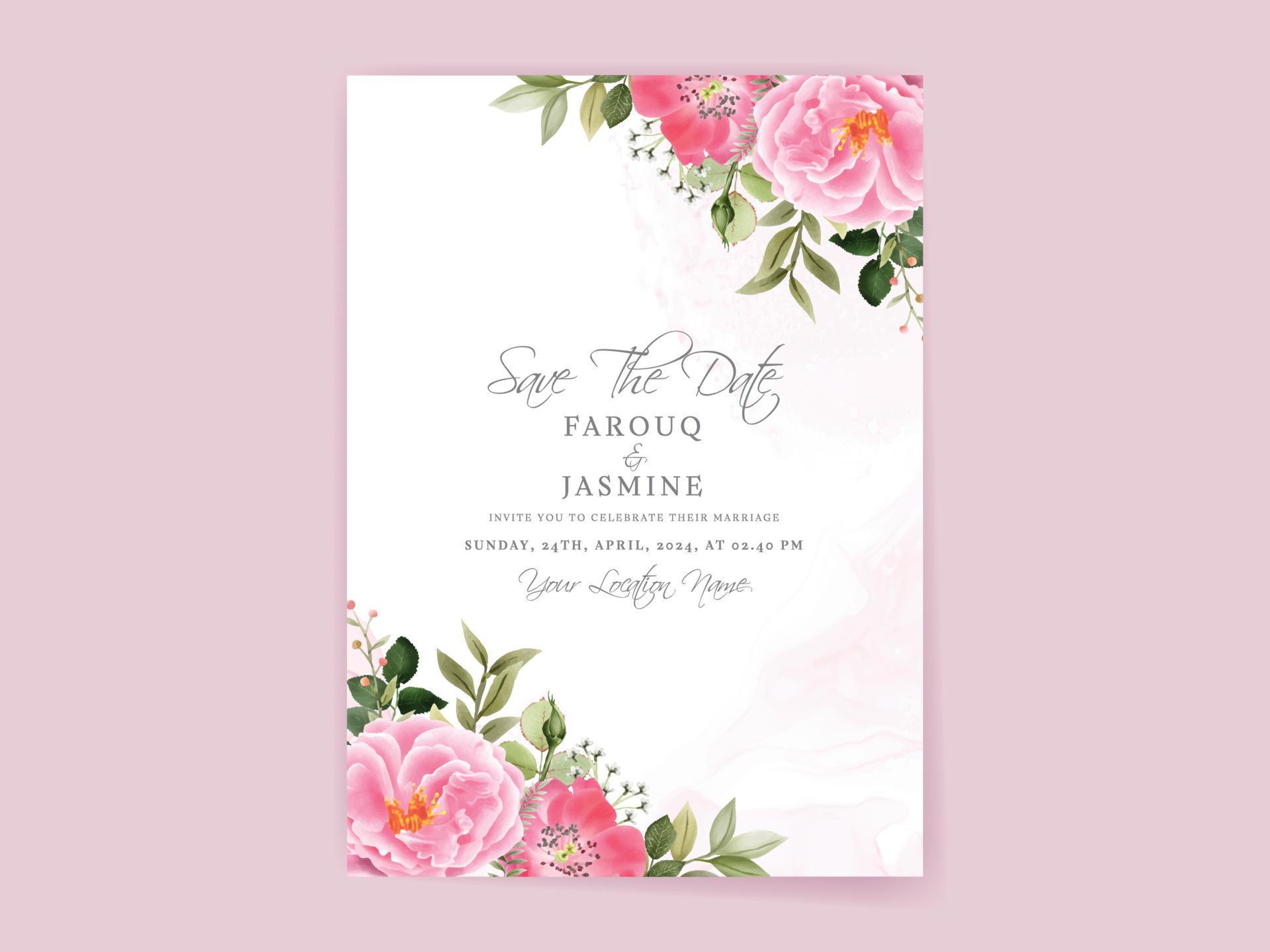 wedding invitation card set with beautiful pink flowers design Stock Free