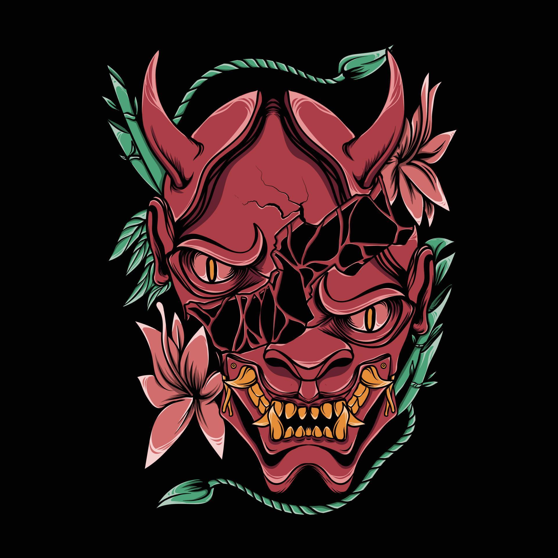 Basic RGB oni mask illustration with flower Stock Free