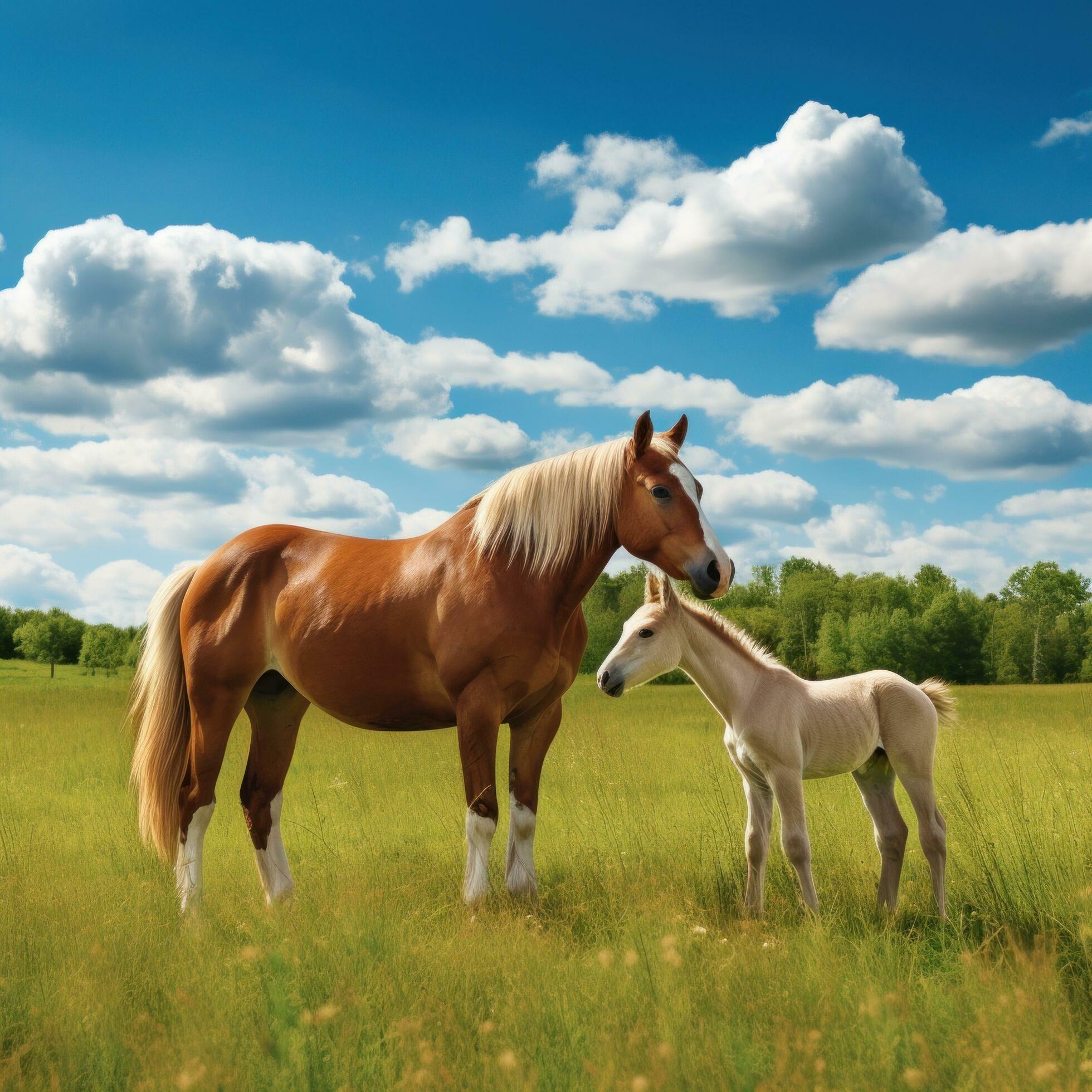 A mare, stallion, and their foal grazing contentedly in a field under a sunny sky. Free Photo