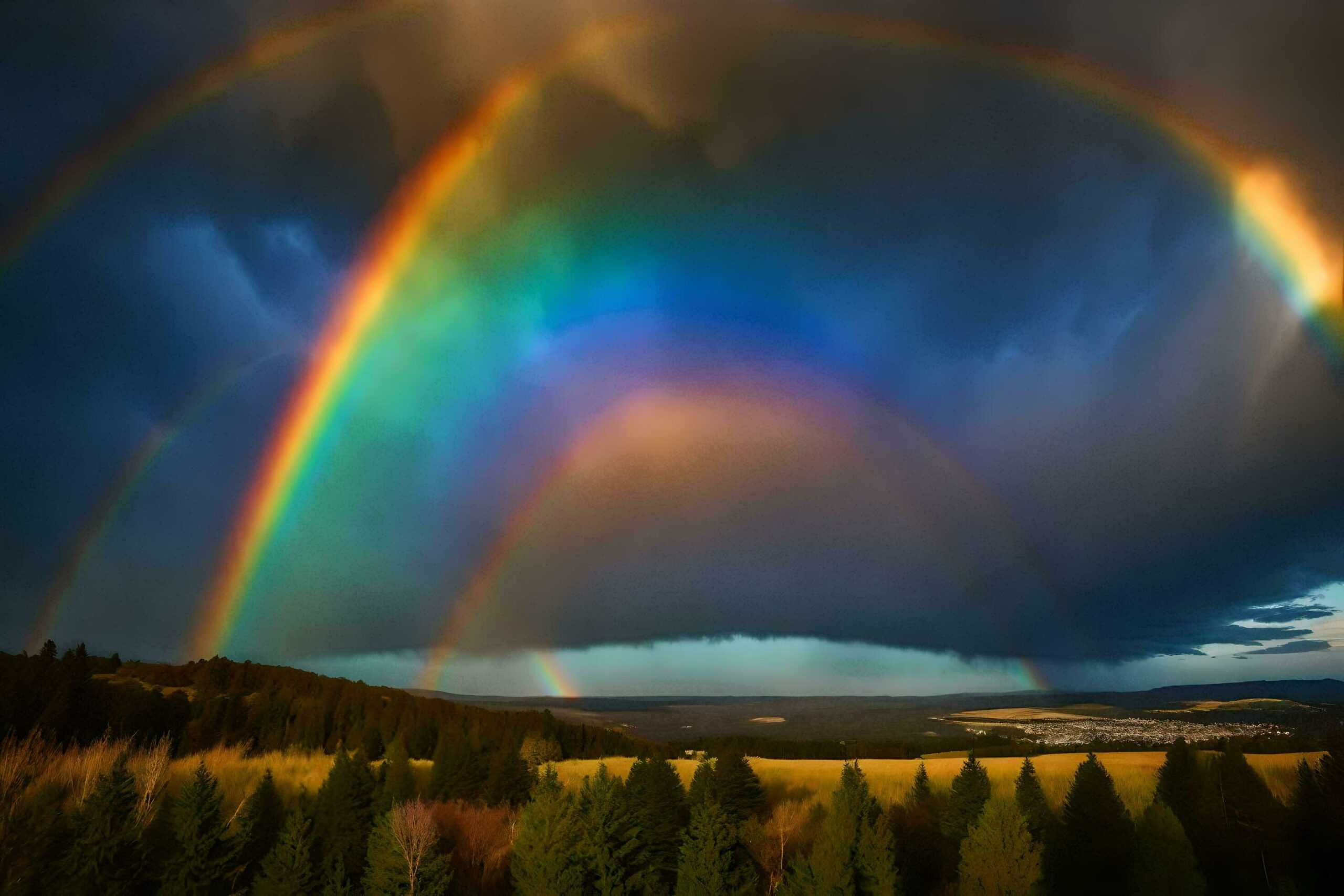 a rainbow appears over a field with trees and mountains Free Photo