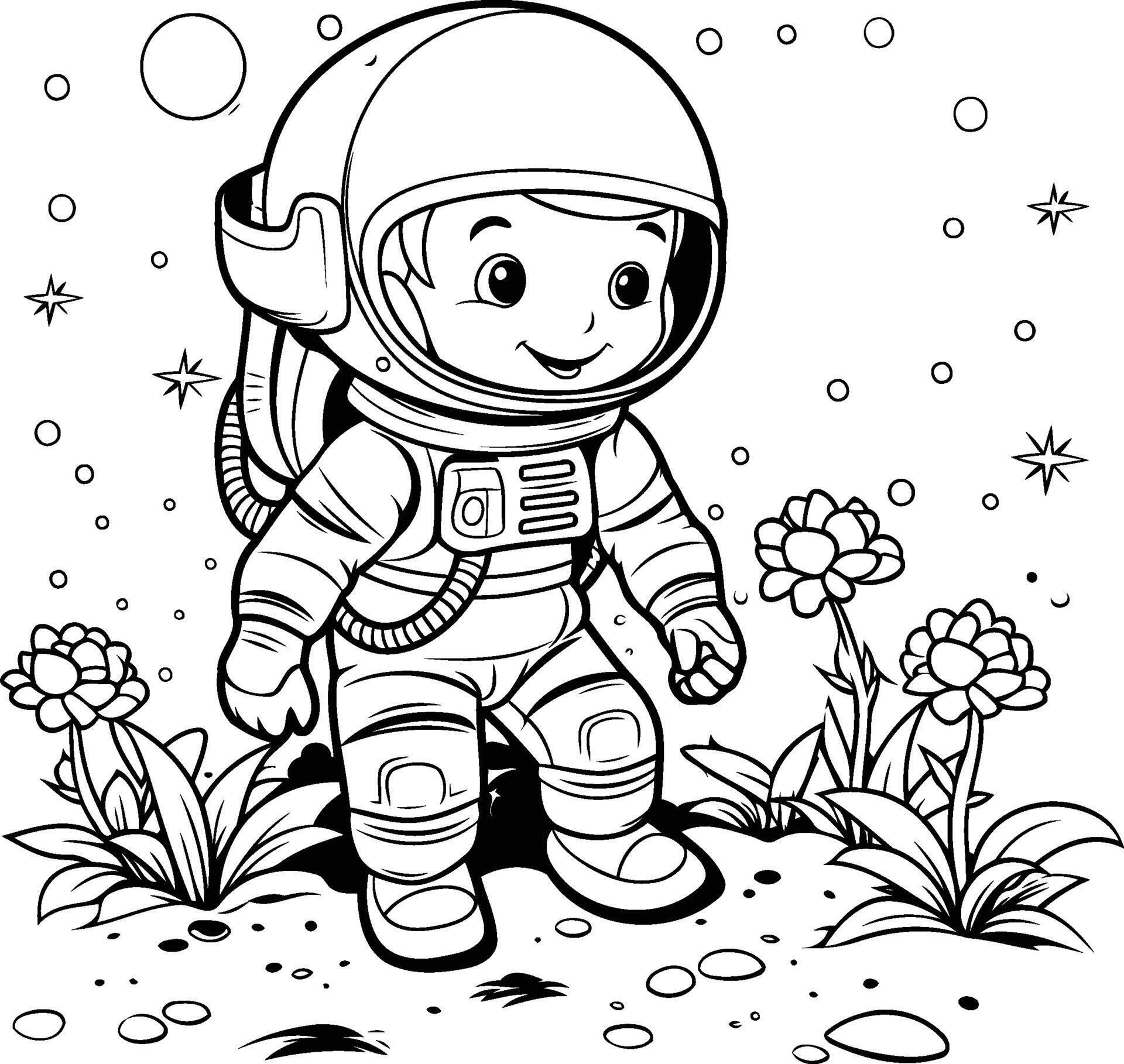 Coloring book for children Astronaut in the field of flowers Stock Free