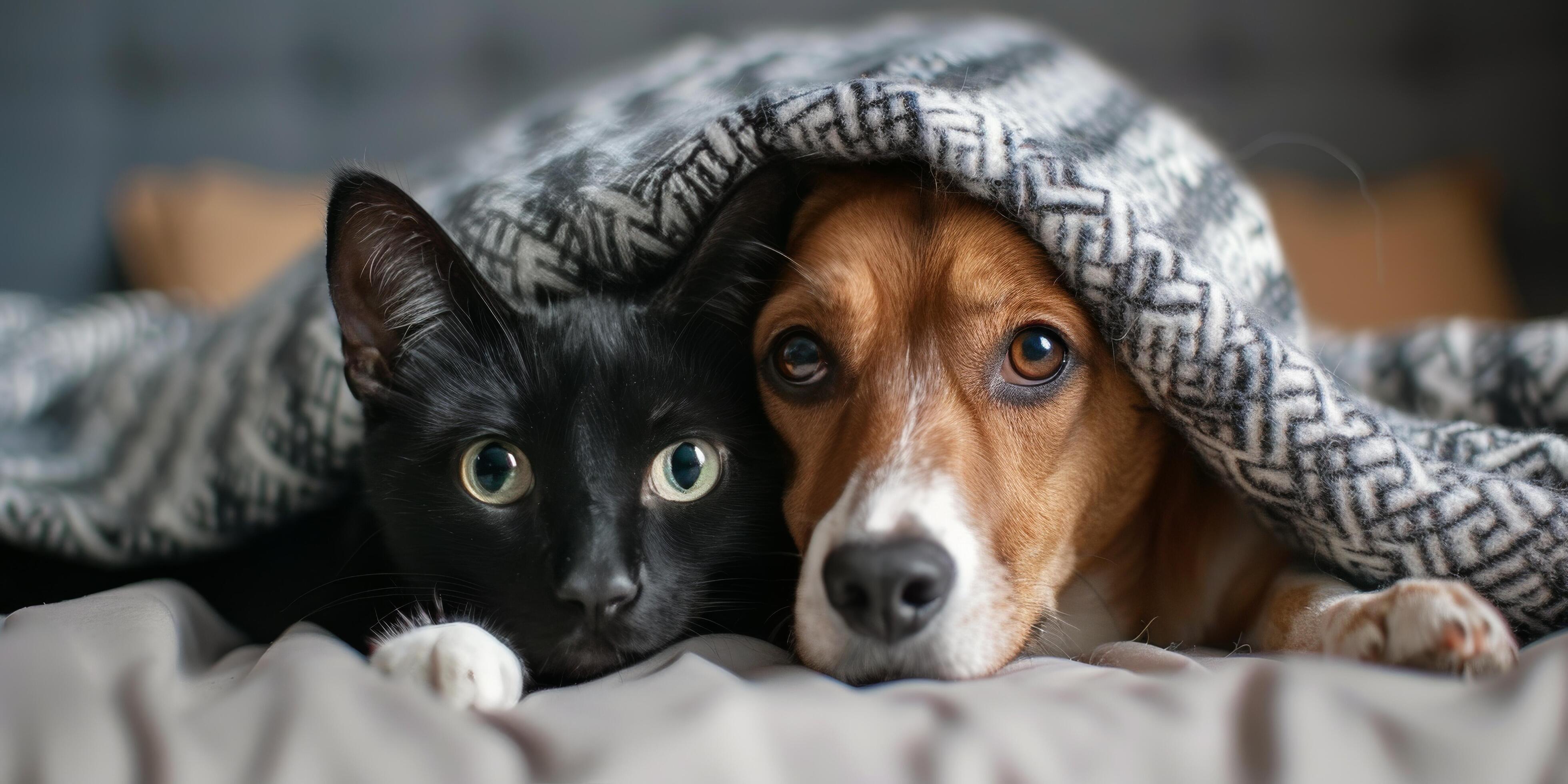 Cozy Black Dog and Gray Cat Snuggling Under a Soft Blanket at Home Stock Free