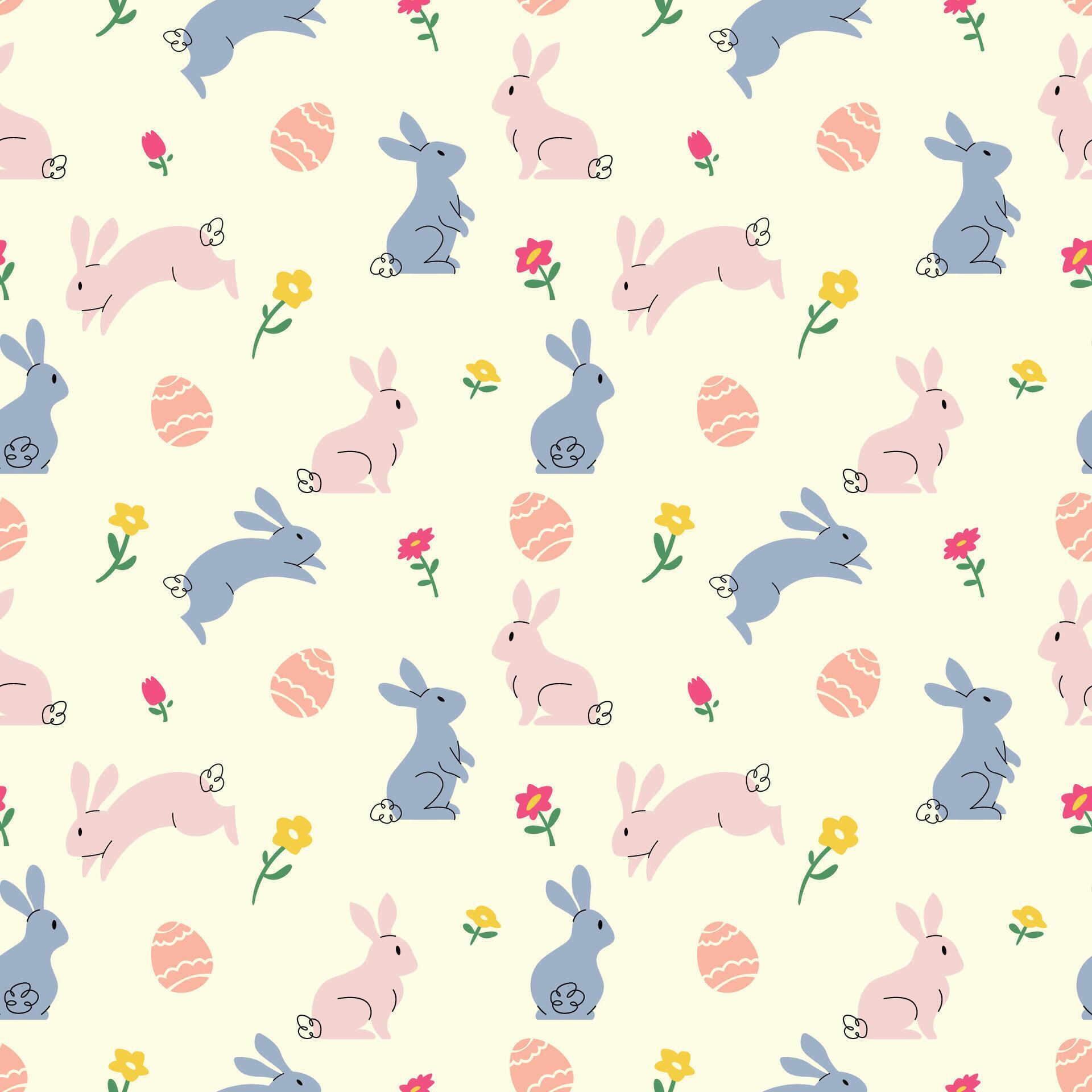 EASTER BUNNY AND EGG WITH FLOWER SEAMLESS PATTERN Stock Free