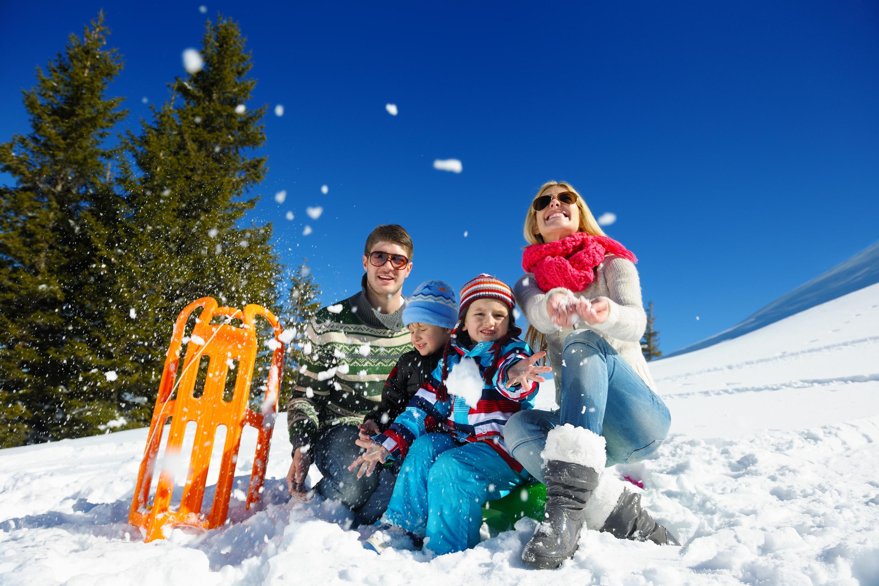 family having fun on fresh snow at winter Stock Free