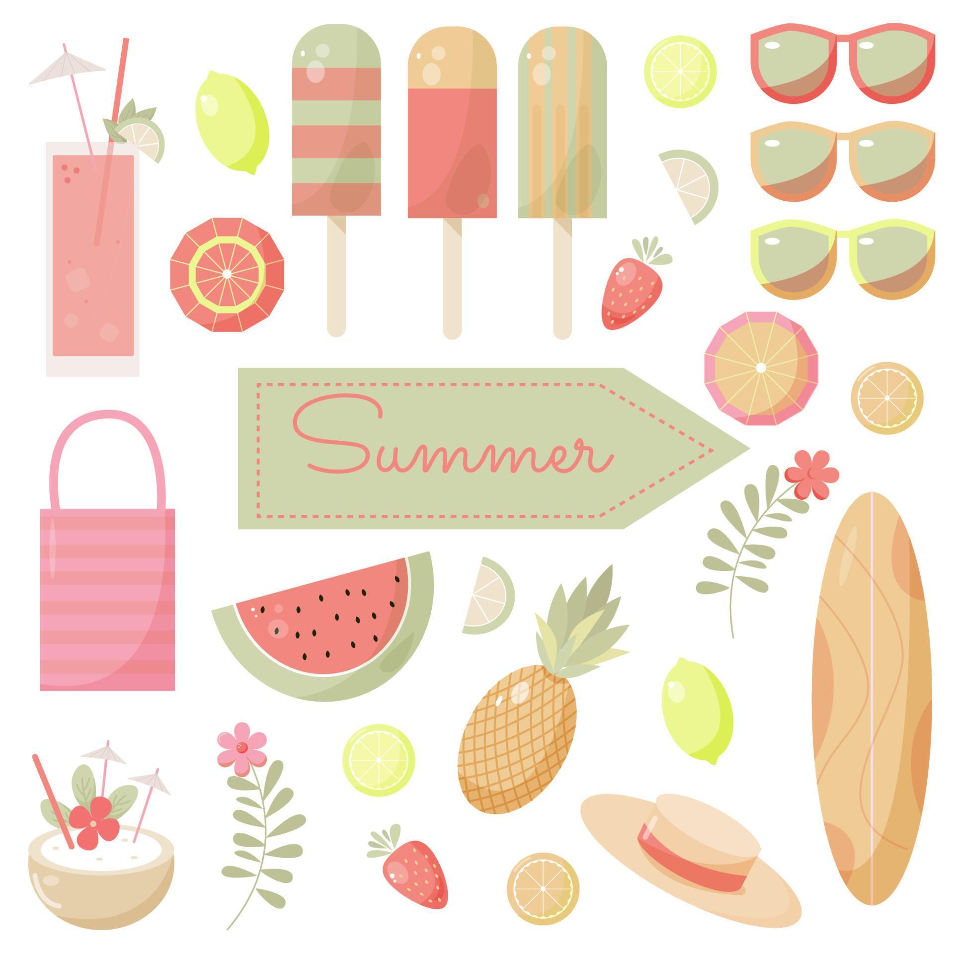 vector summer set with cute ice cream, drinks, fruits, glasses and flowers Stock Free