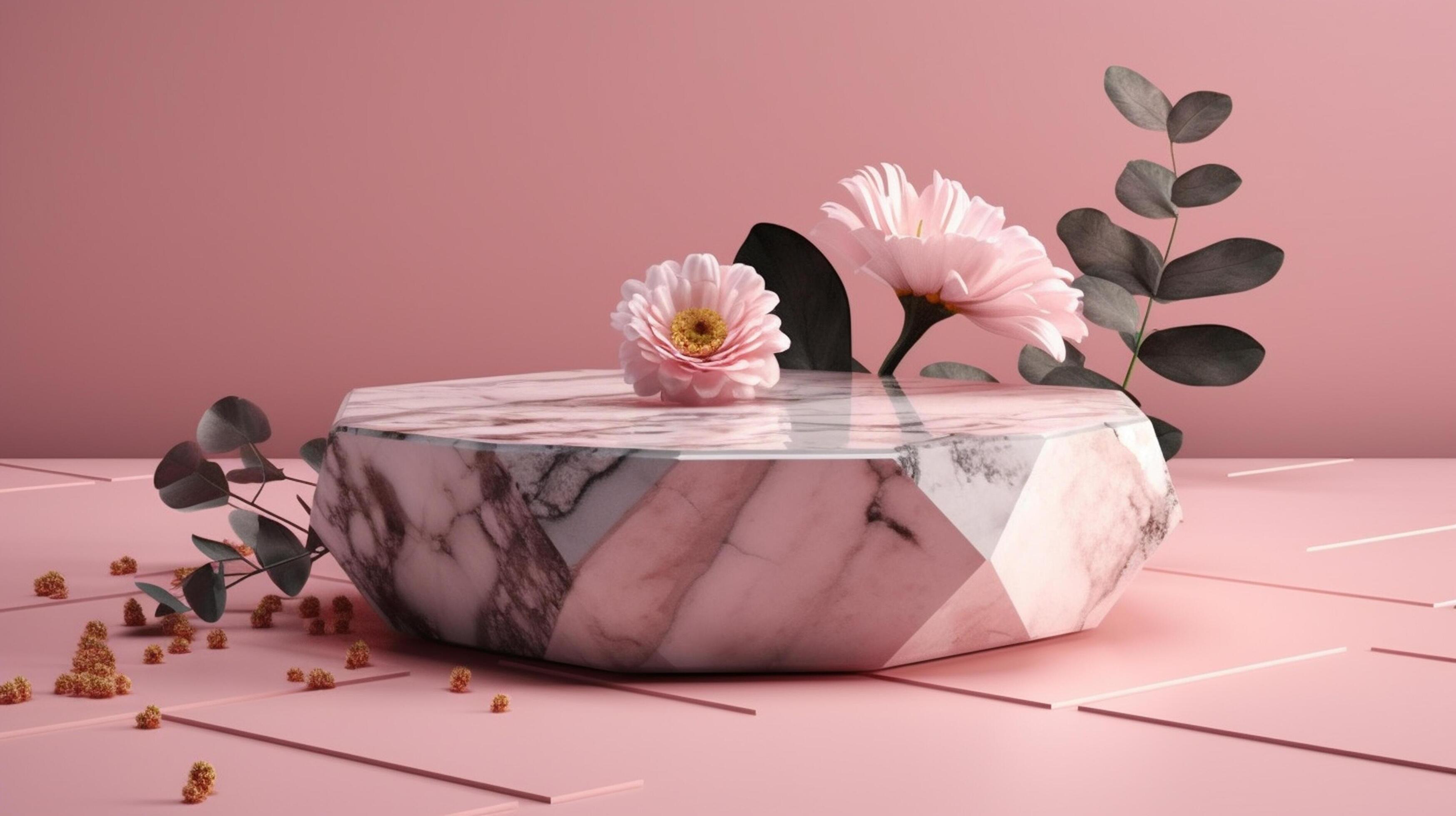 3d rendering of a marble table with flowers and a vase Stock Free