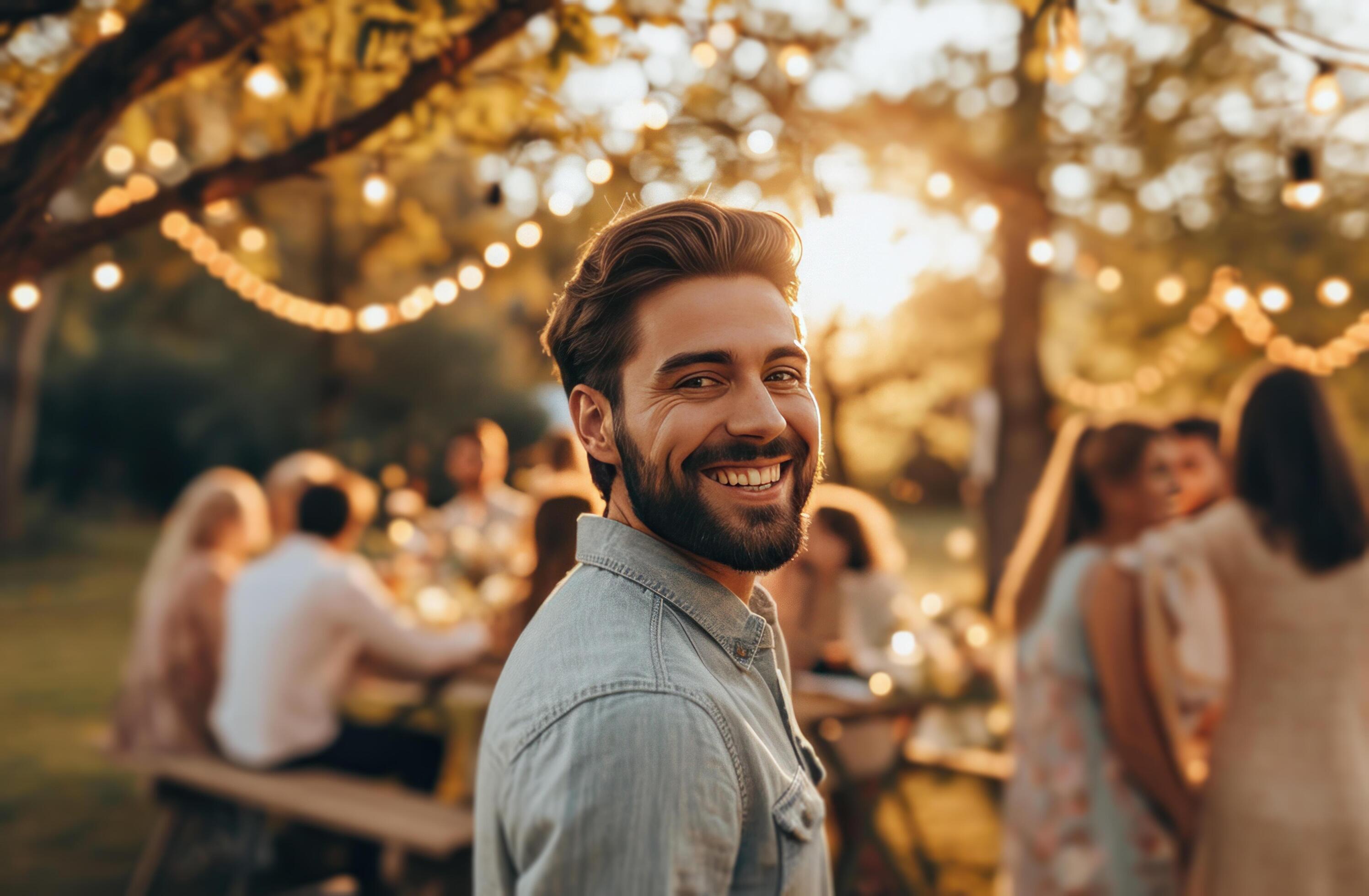 AI generated a happy man standing in front of a family at an outdoor event Stock Free