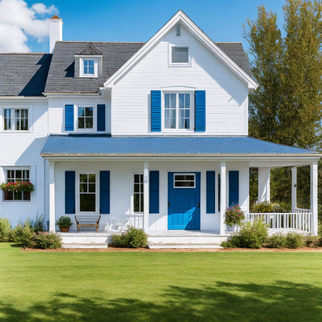 White farmhouse with blue by @ai_generated