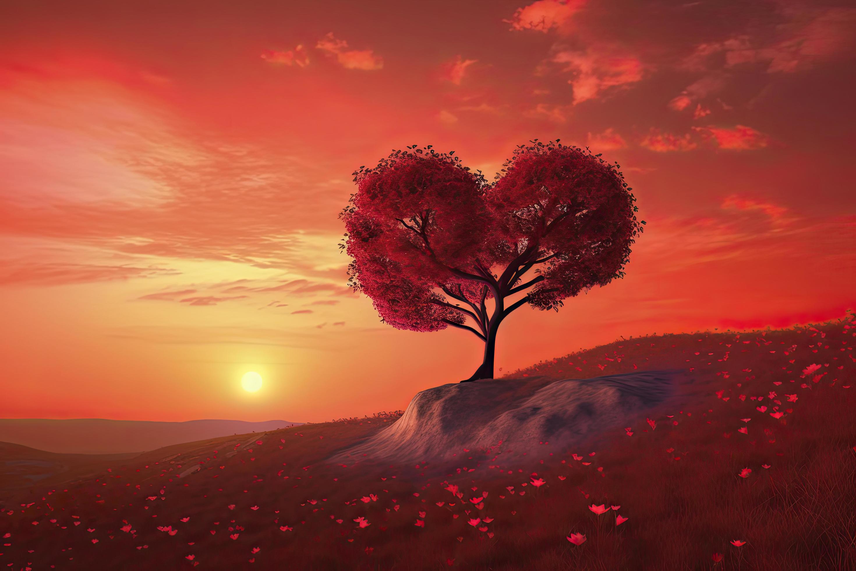 Heart Tree Love For Nature Red Landscape At Sunset Stock Free