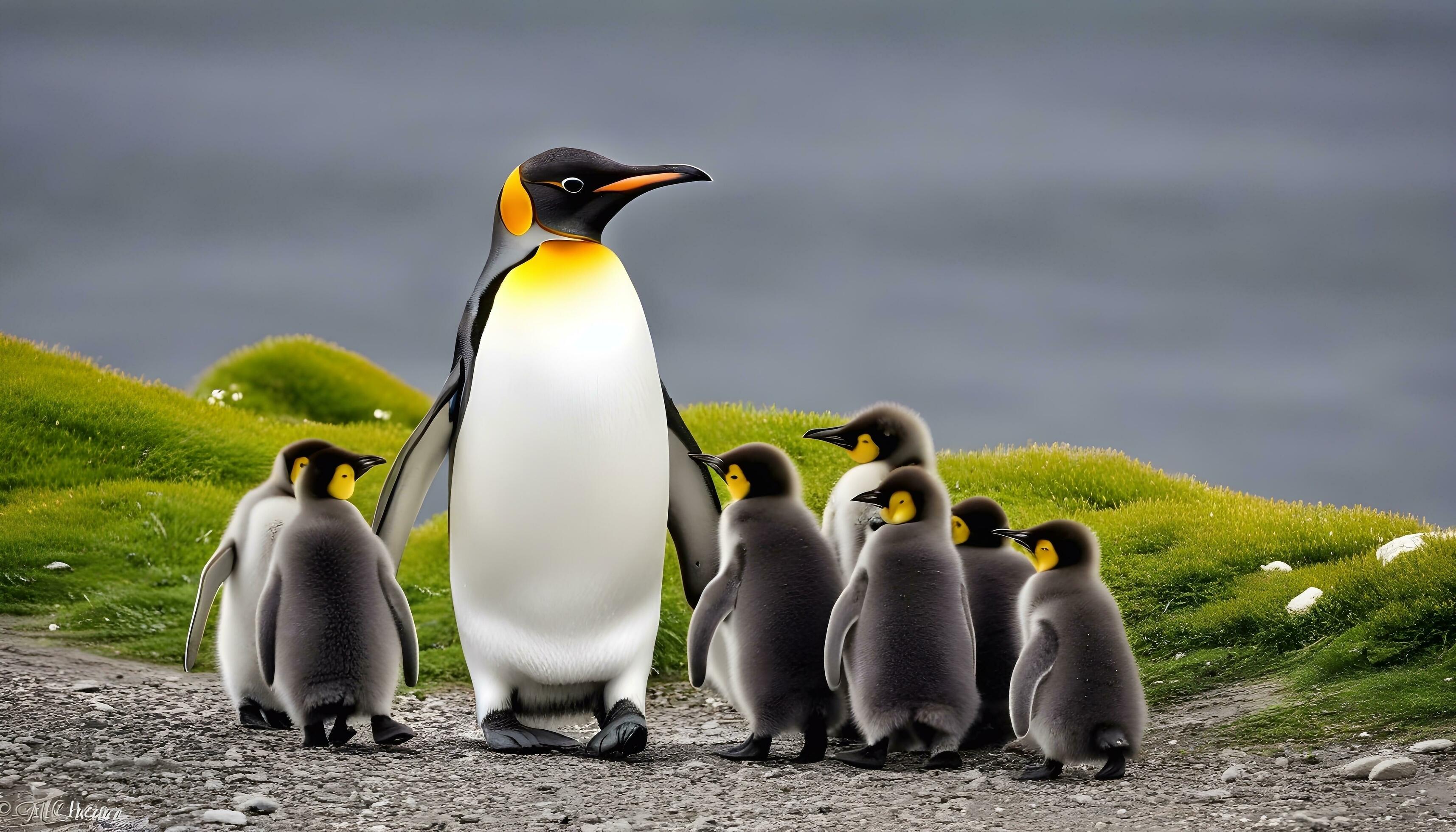 AI generated A Family of Emperor Penguins on a Rocky Shore Stock Free