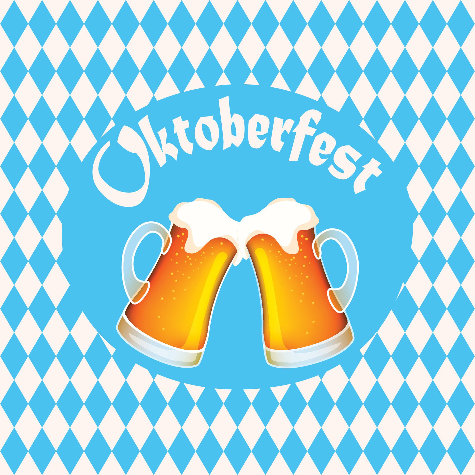 Vector illustration of oktoberfest poster banner with two full beer mugs, blue diamond symbols and lettering Free Vector