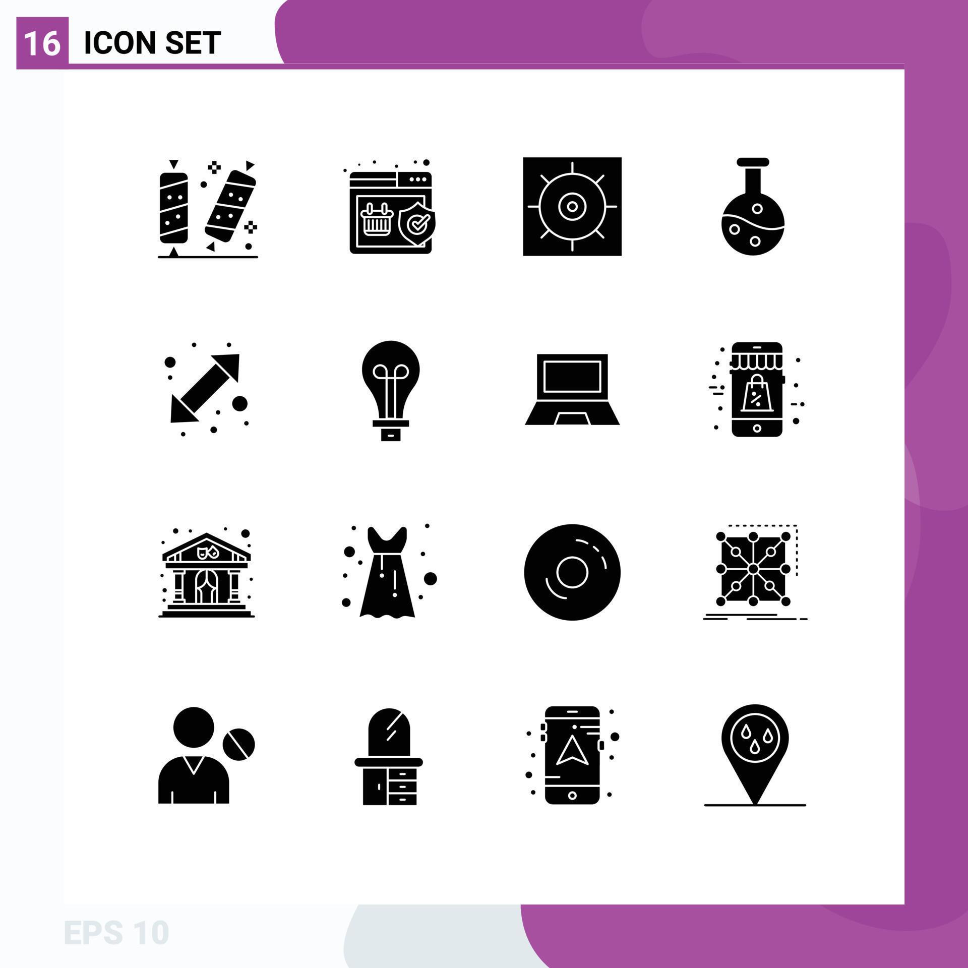 16 Thematic Vector Solid Glyphs and Editable Symbols of left arrow shopping science boiling flask Editable Vector Design Elements Stock Free