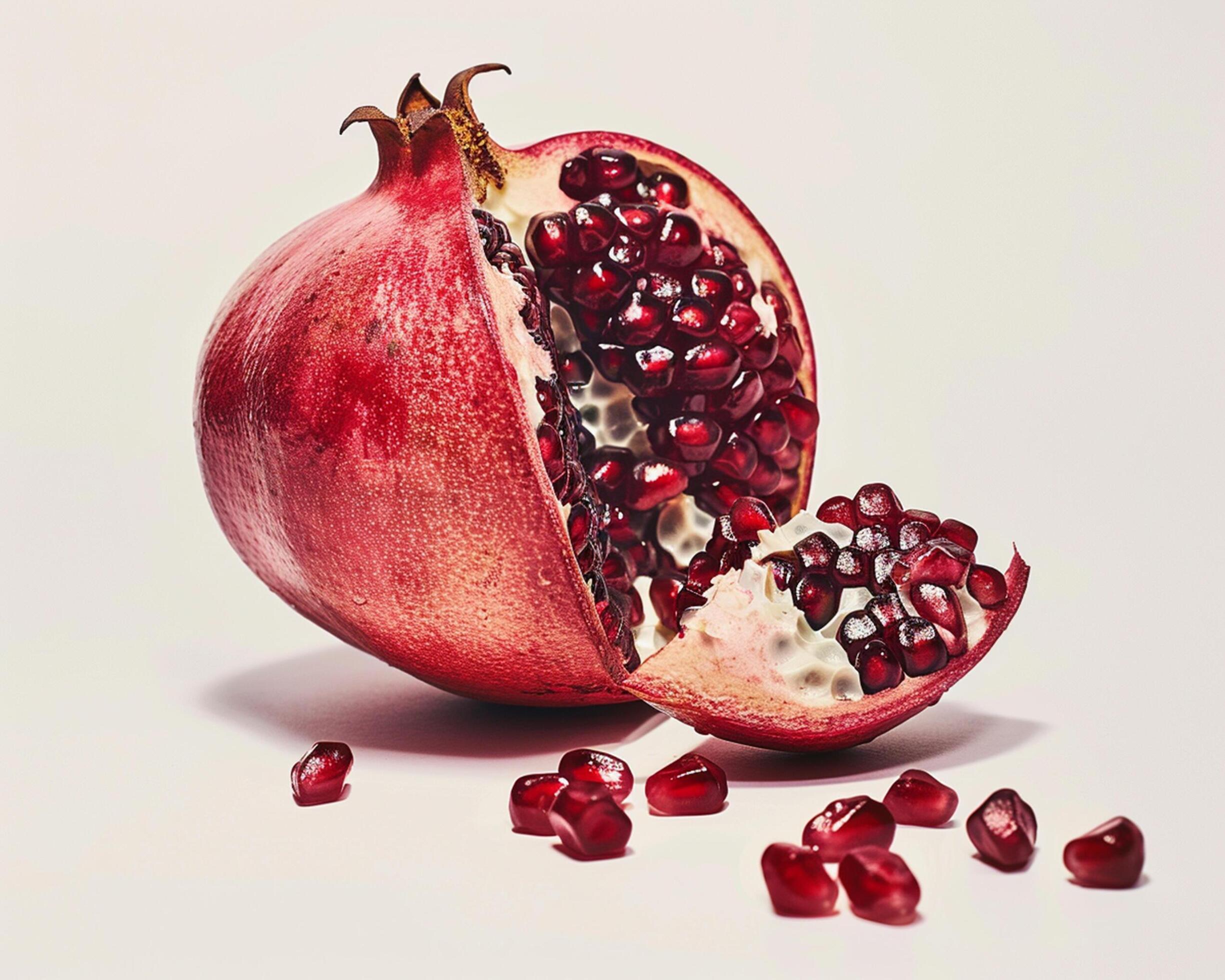 a pomegranate is cut in half and has seeds scattered on the table Stock Free