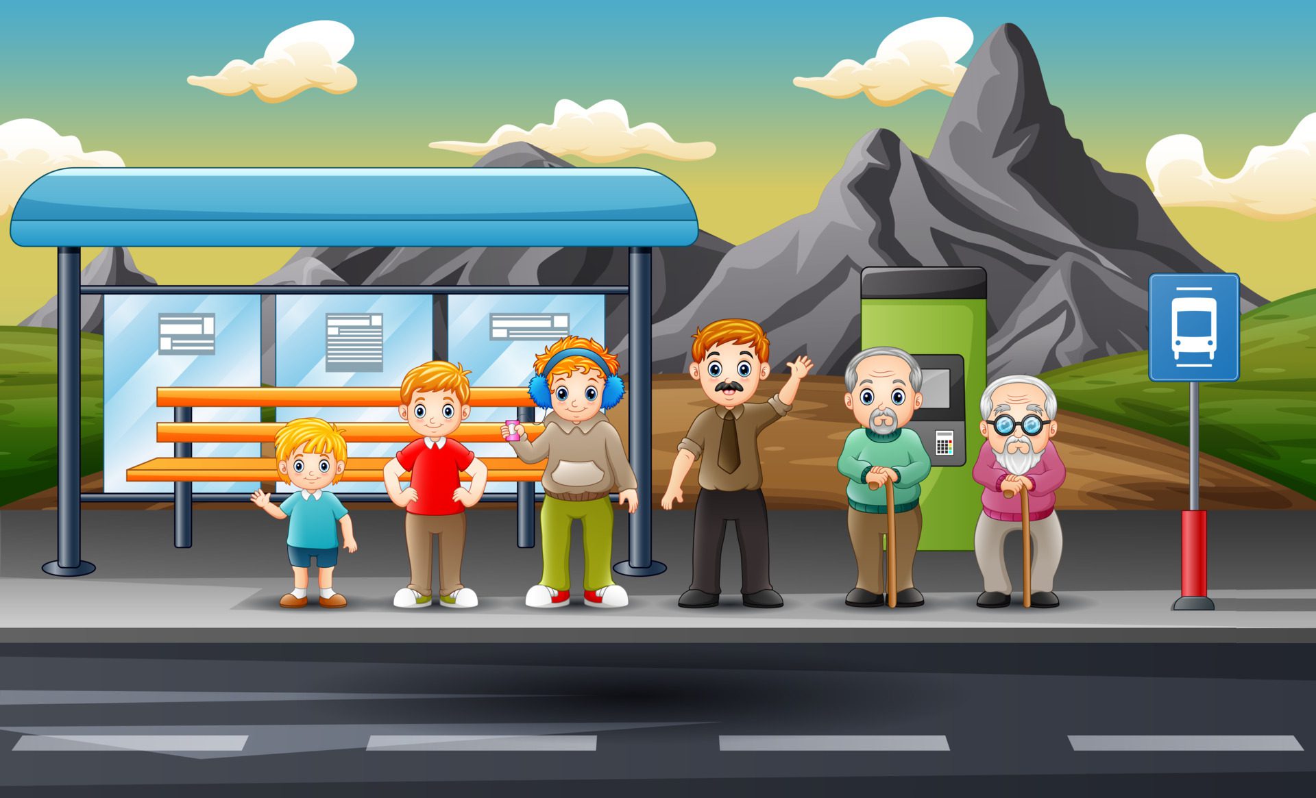 Illustration of many people at the bus stop Free Vector