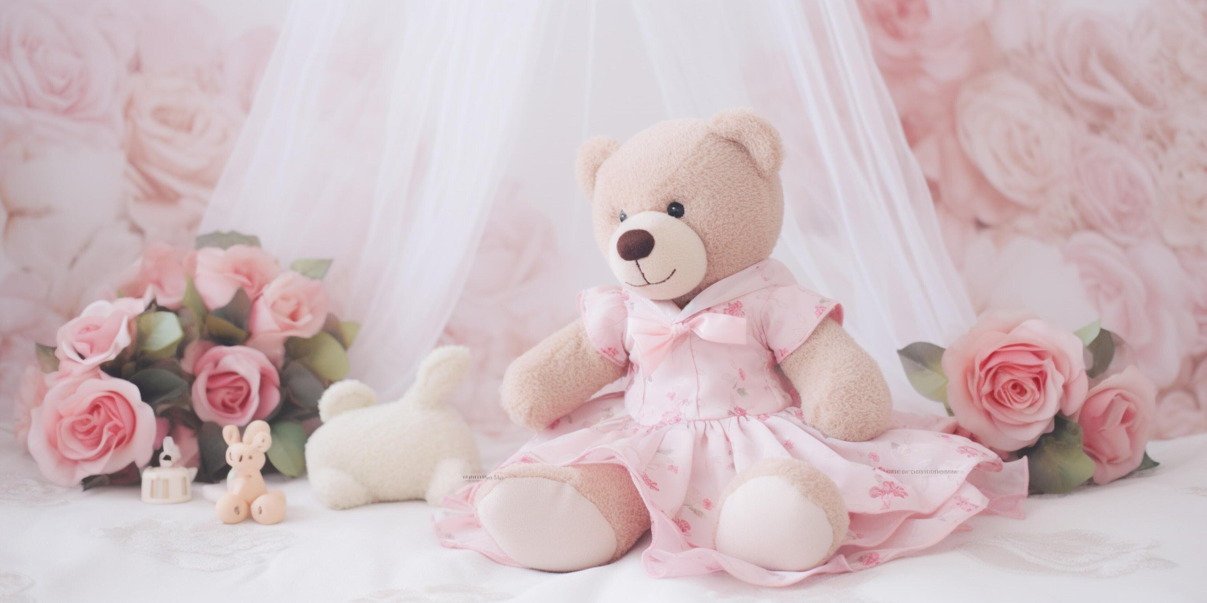 teddy bear with pink flowers and pink dress Stock Free