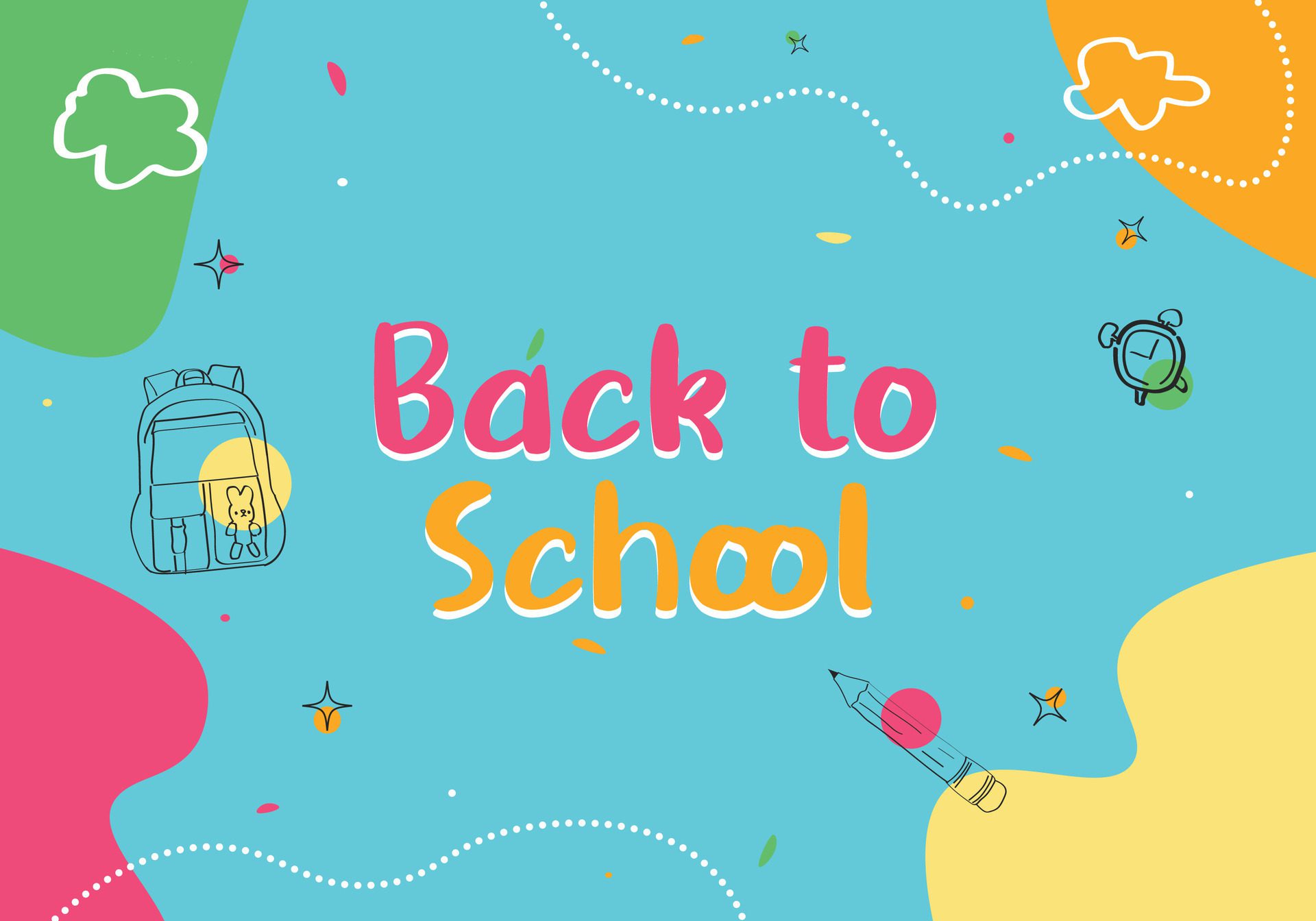 Back to school in blue background banner with bag, pencil and alarm doodle Free Vector