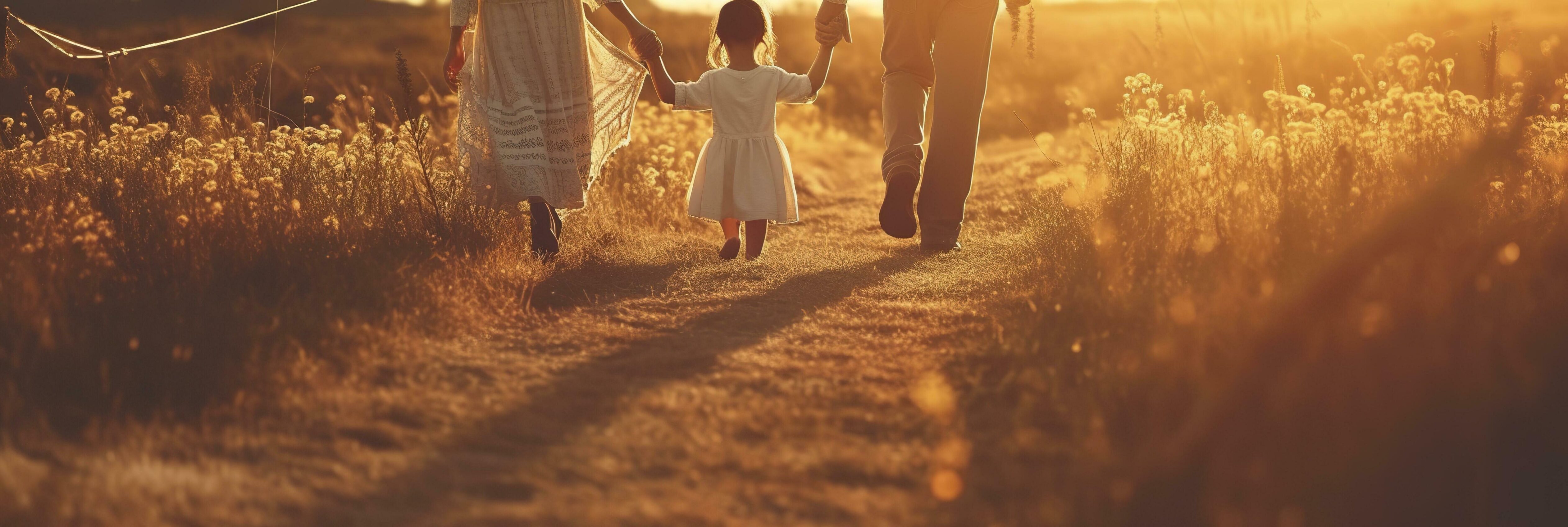 Happy family mother father and daughter walk on nature on sunset hold hand. AI Generative Stock Free