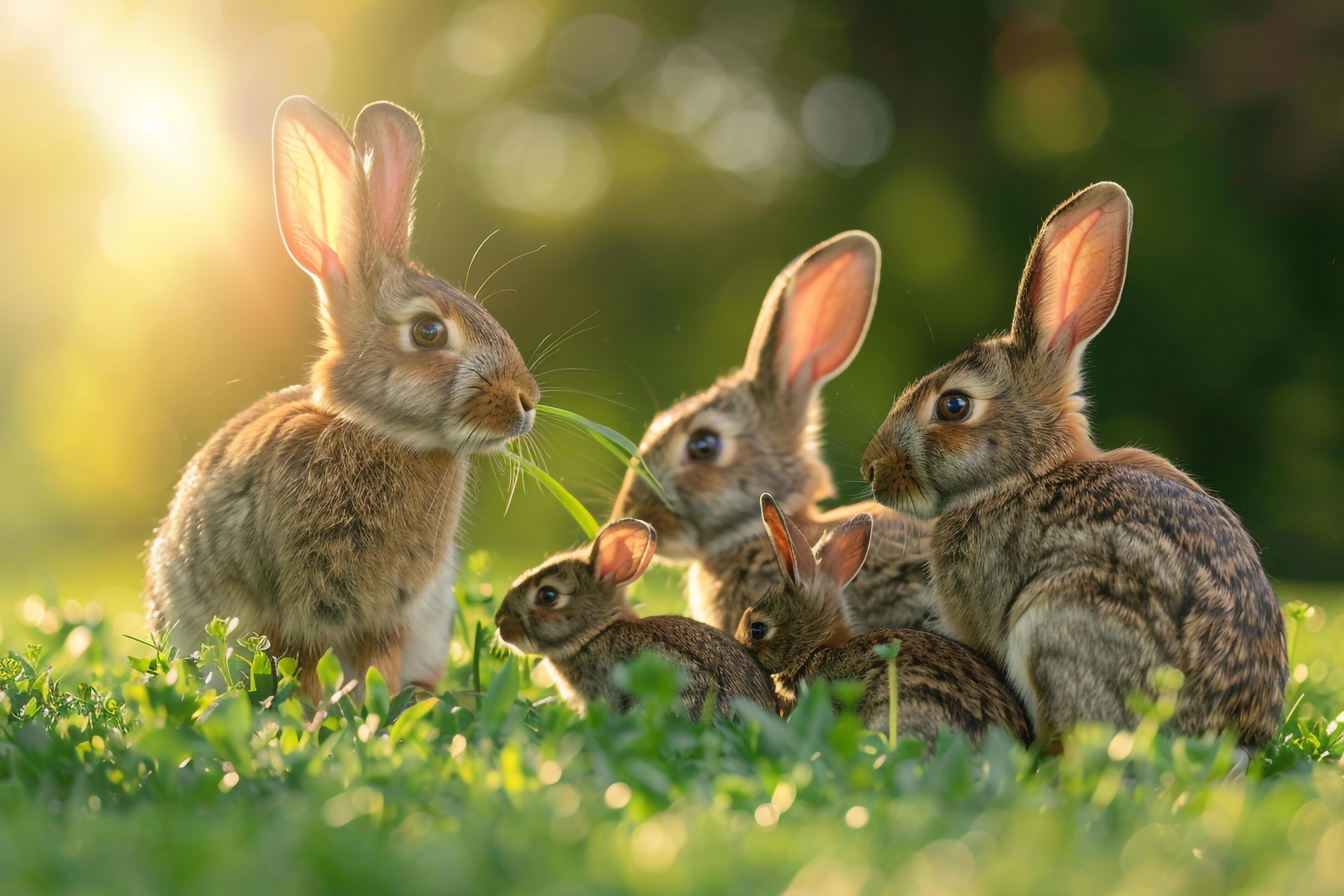 Family of Rabbits Nibbling on Fresh Green Grass in a Sunlit Meadow Nature Background Stock Free