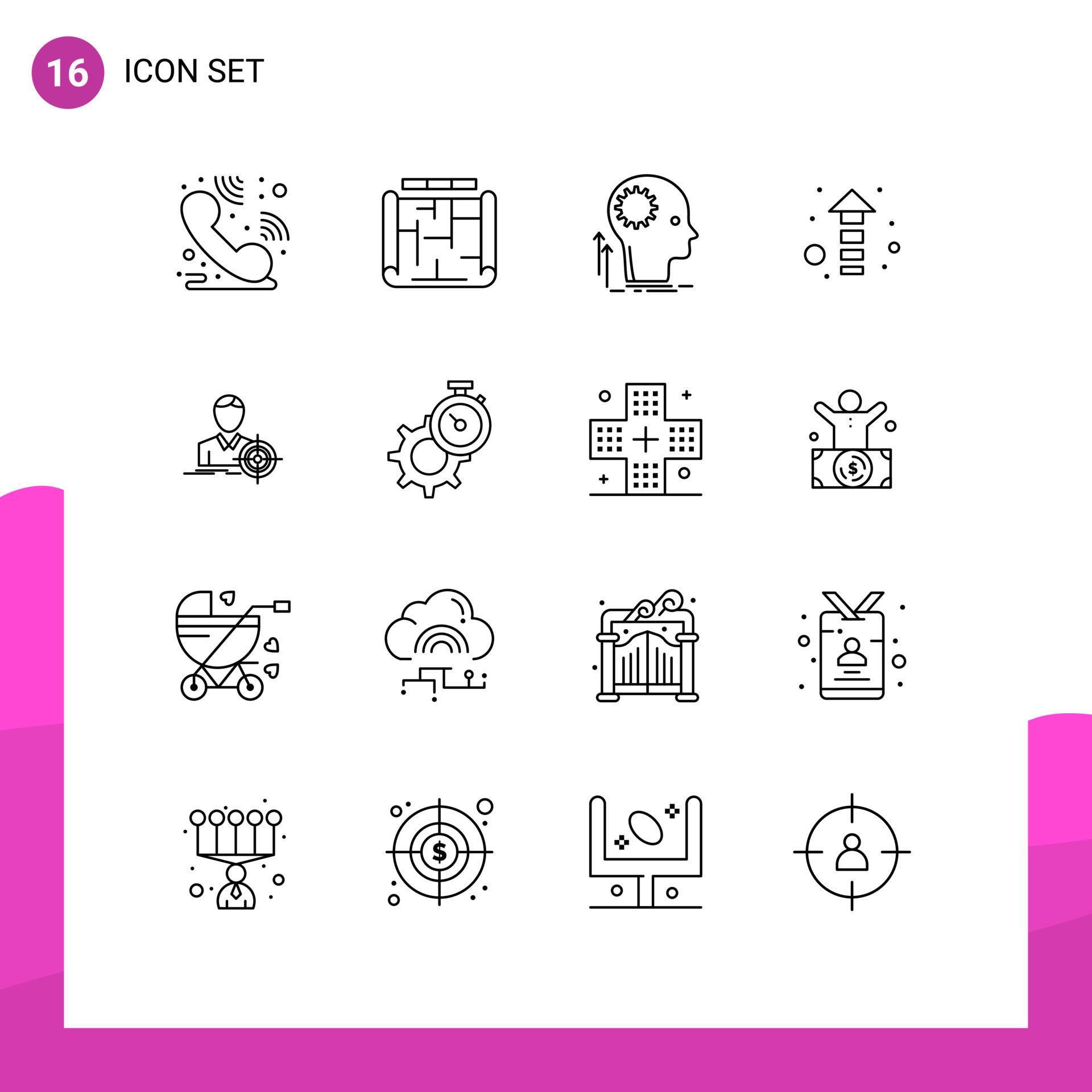 Pictogram Set of 16 Simple Outlines of target man creative up arrow Editable Vector Design Elements Stock Free