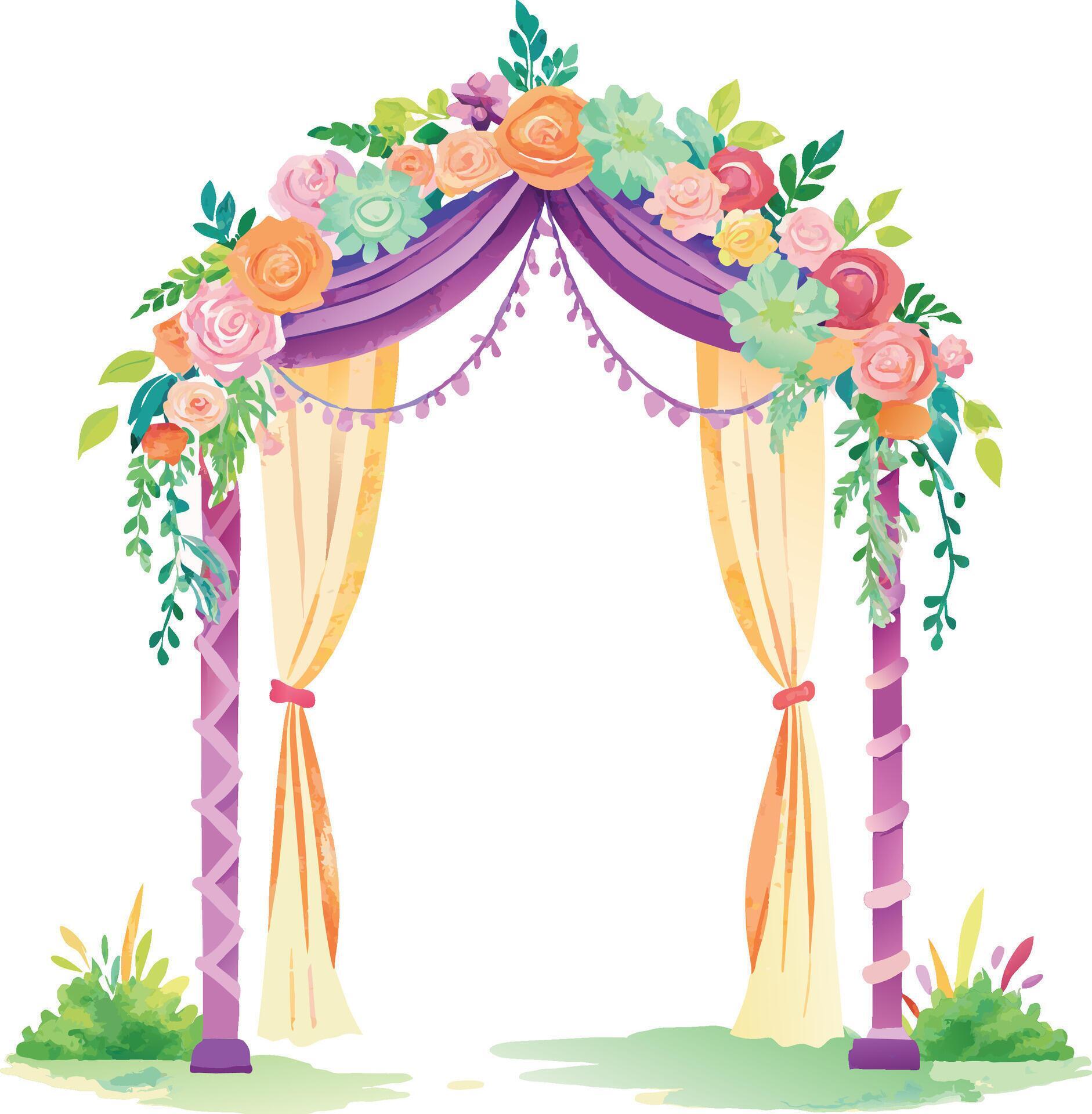 Wedding arch decorated with flowers, leaves and grass. Watercolor Stock Free