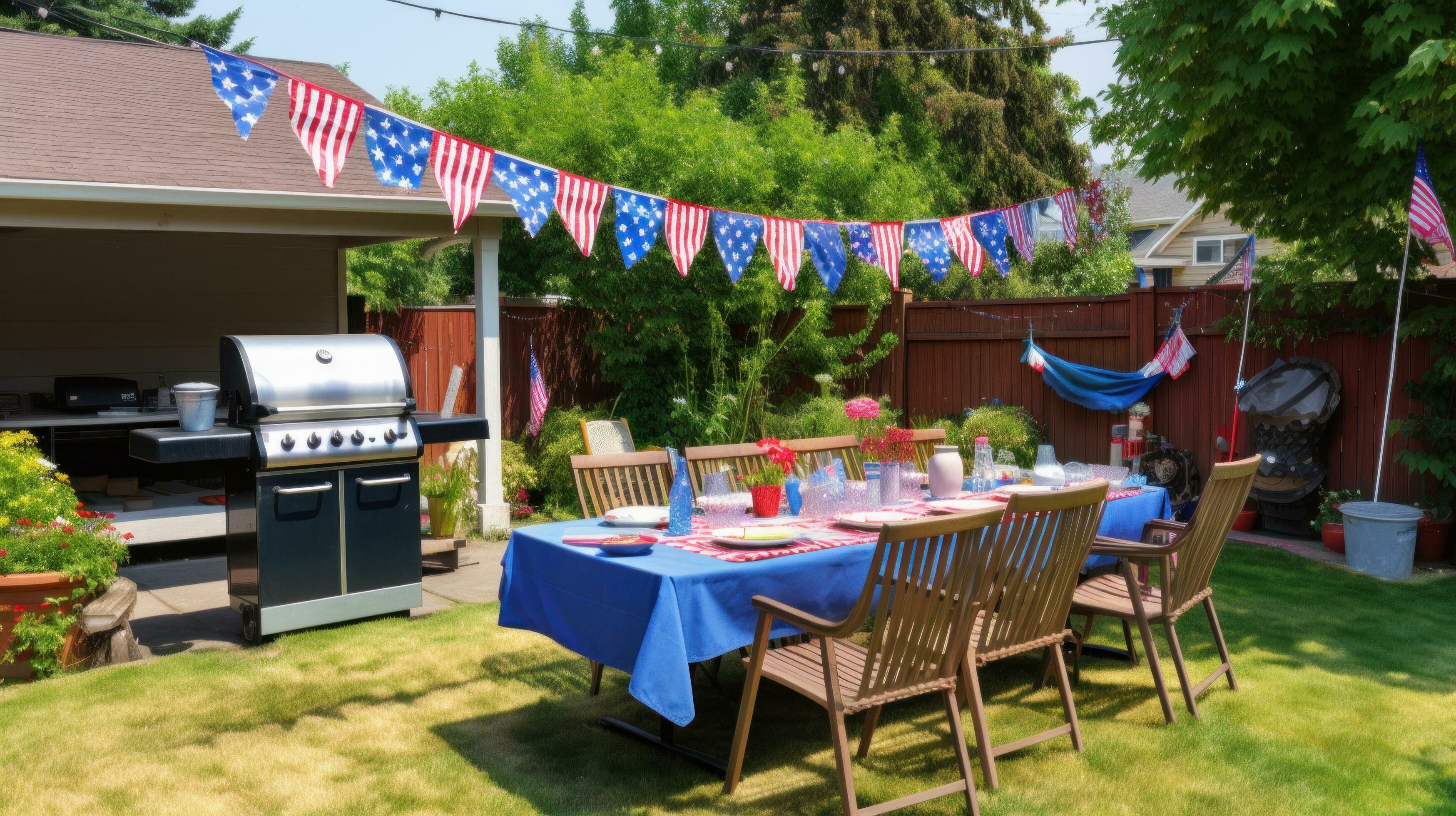 AI generated A fun and casual photo of a family BBQ with American flags and bunting decorating the backyard Stock Free