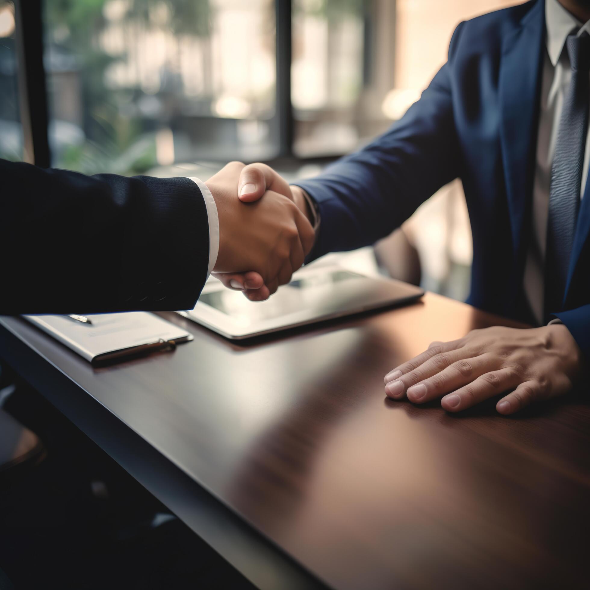 two business people shaking hands over a table, Stock Free