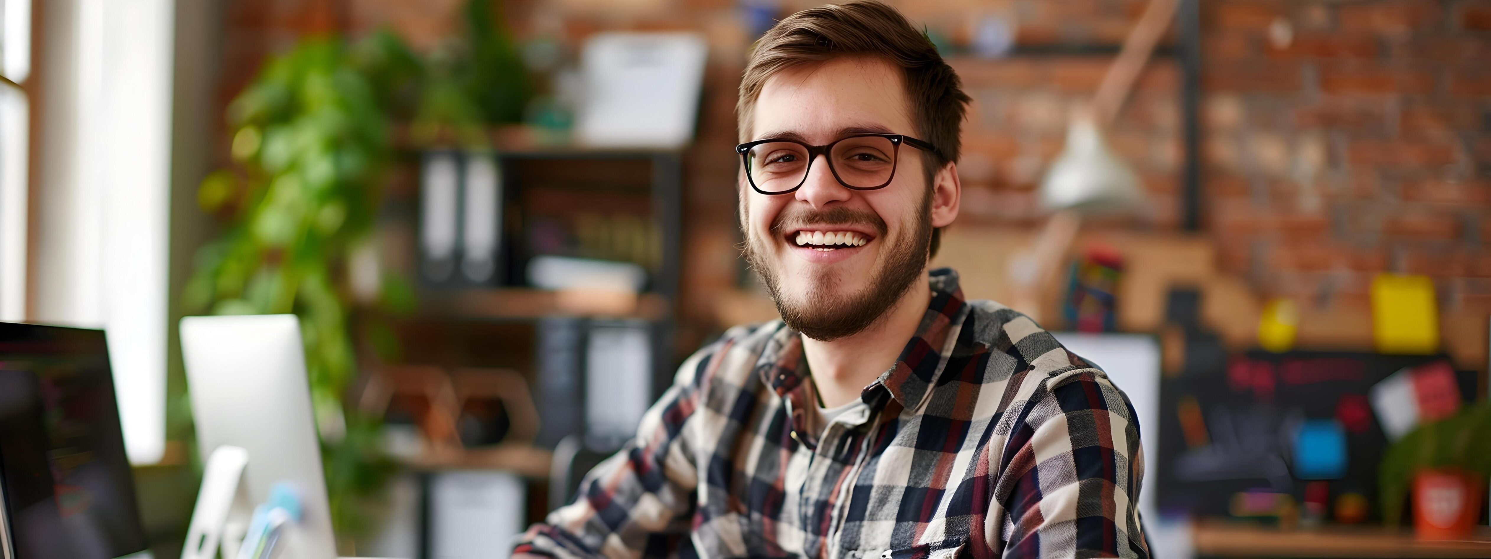 Cheerful Young Web Developer Enjoying Work in Cozy Home Office Stock Free