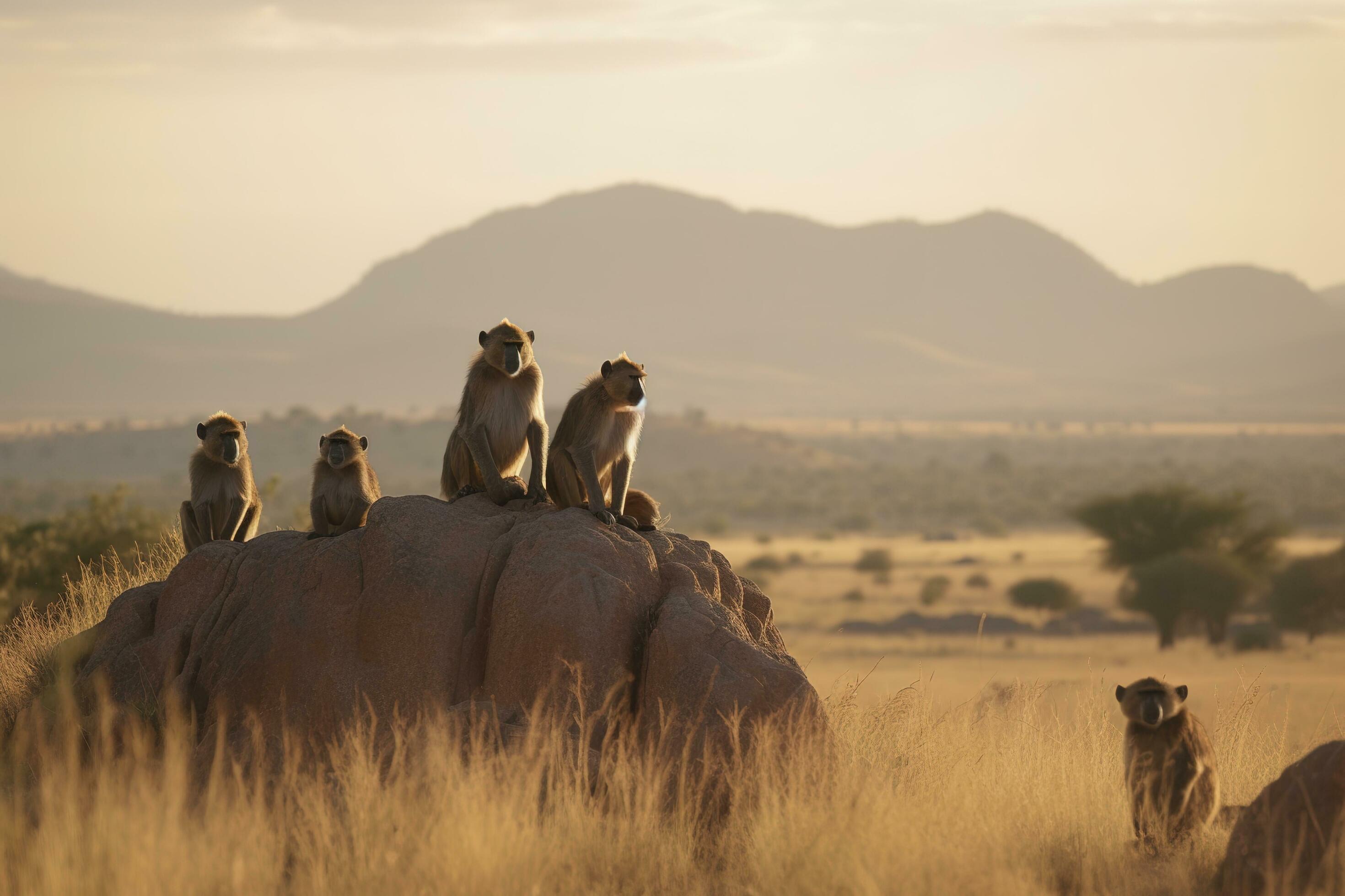 A family of baboons perched on a rocky outcropping in a savanna landscape, generate ai Stock Free