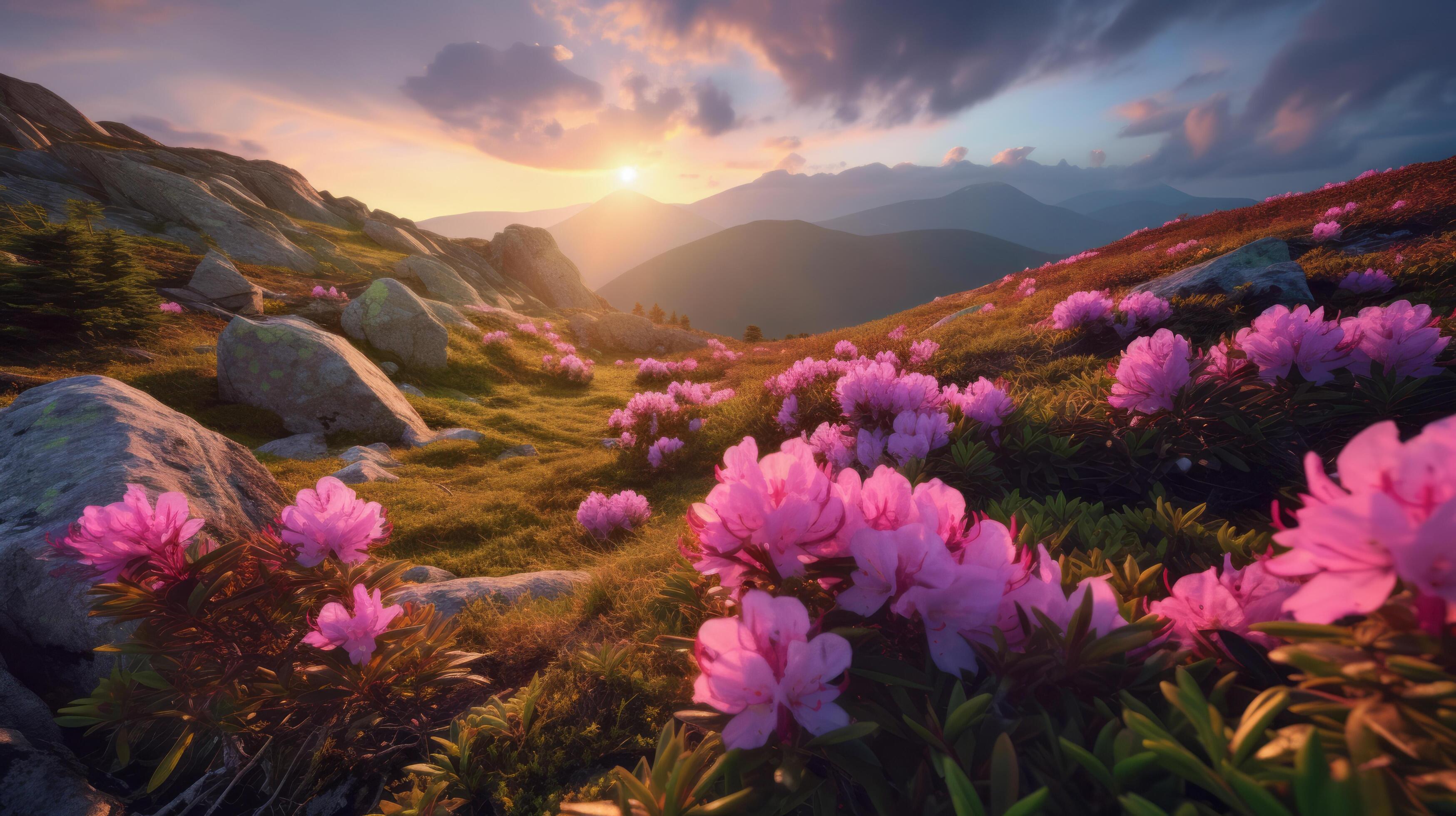 Pink flowers in mountain. Illustration Stock Free