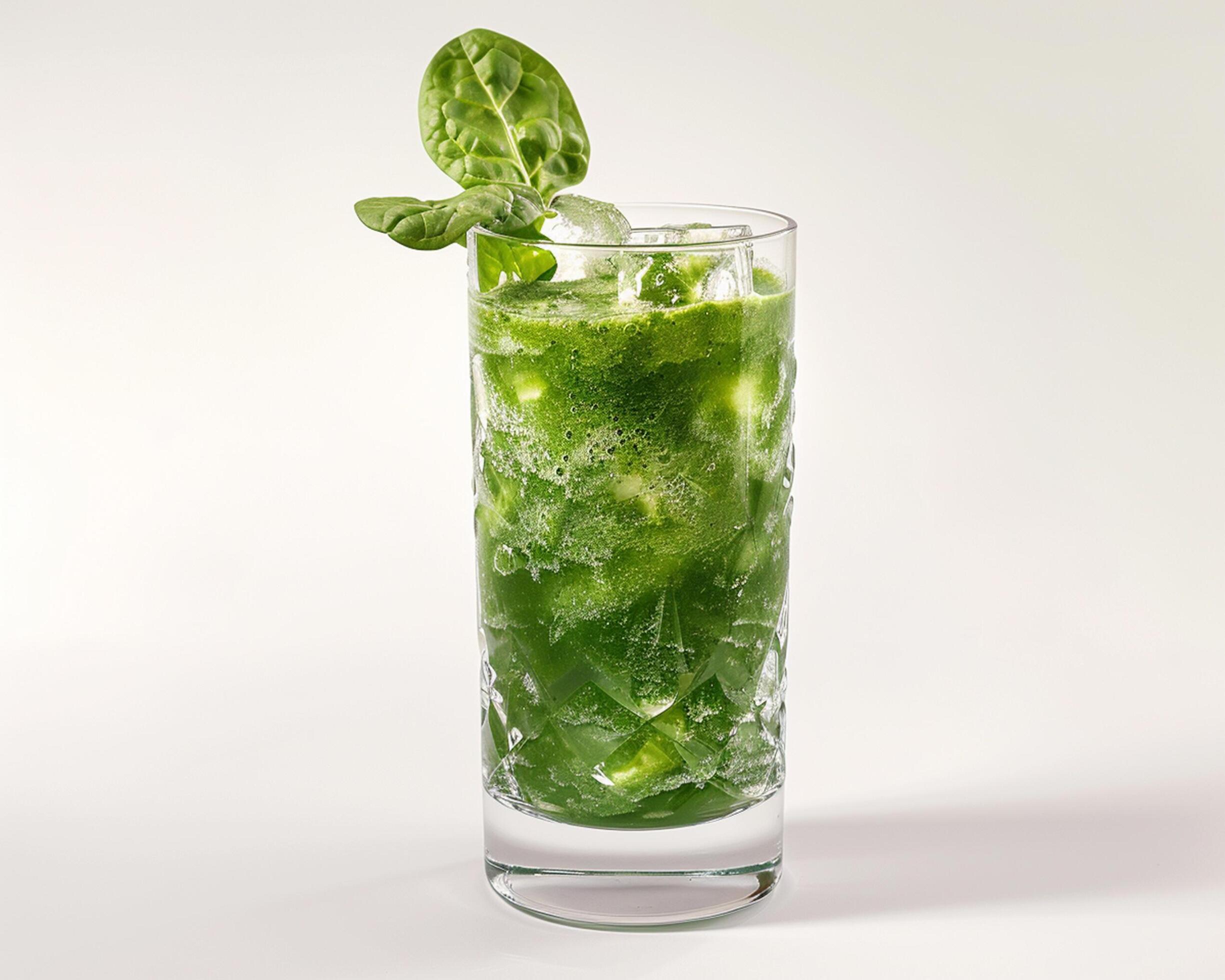 a green drink with ice and a leaf Stock Free