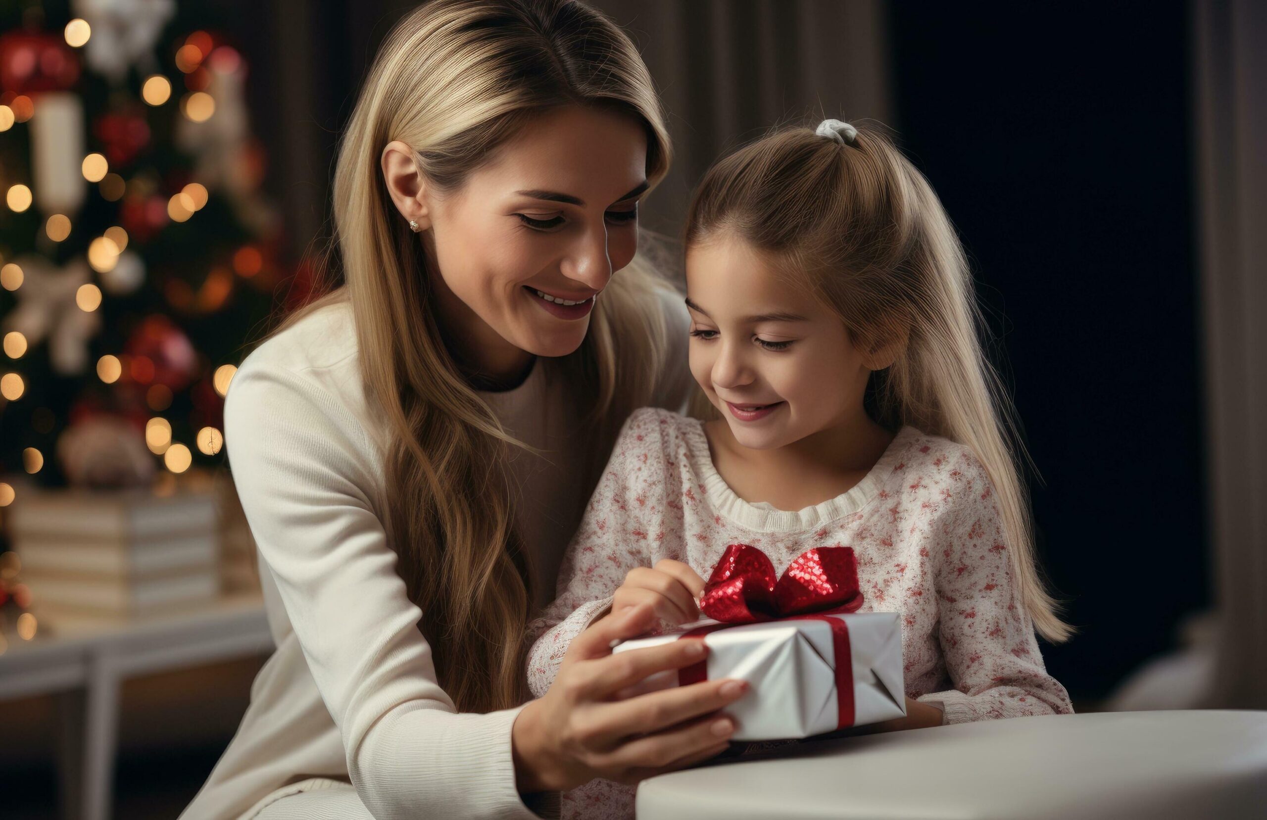 young woman gives her daughter a gift on the couch Free Photo