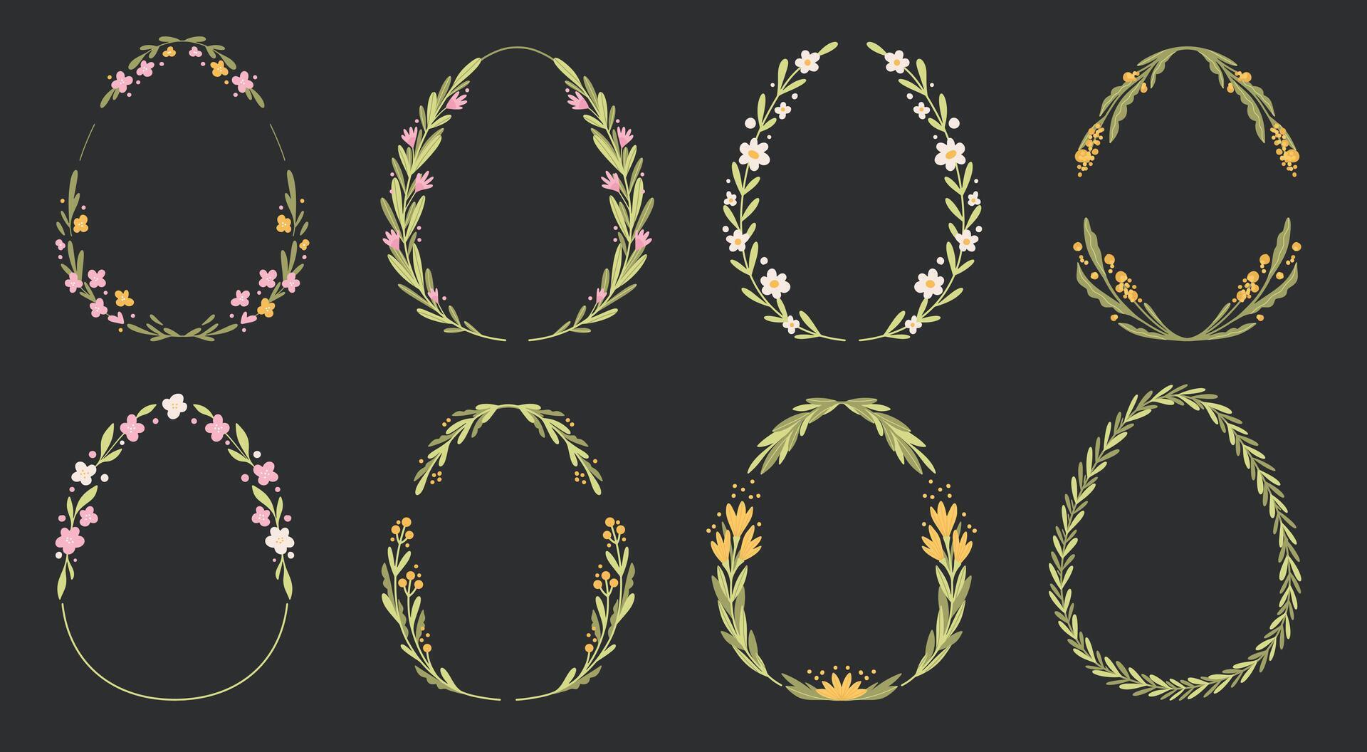 Set Of Easter Egg Shape Floral Wreath. Spring Flowers Oval Frame Stock Free