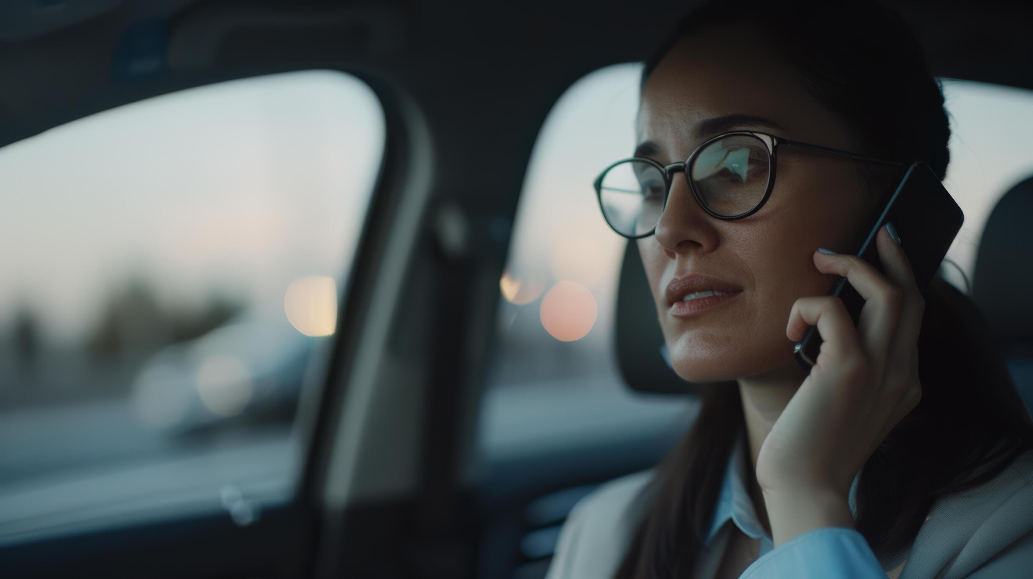 Businesswoman wearing glasses talks on phone inside car, focused expression. Cityscape background with blurred lights. Stock Free