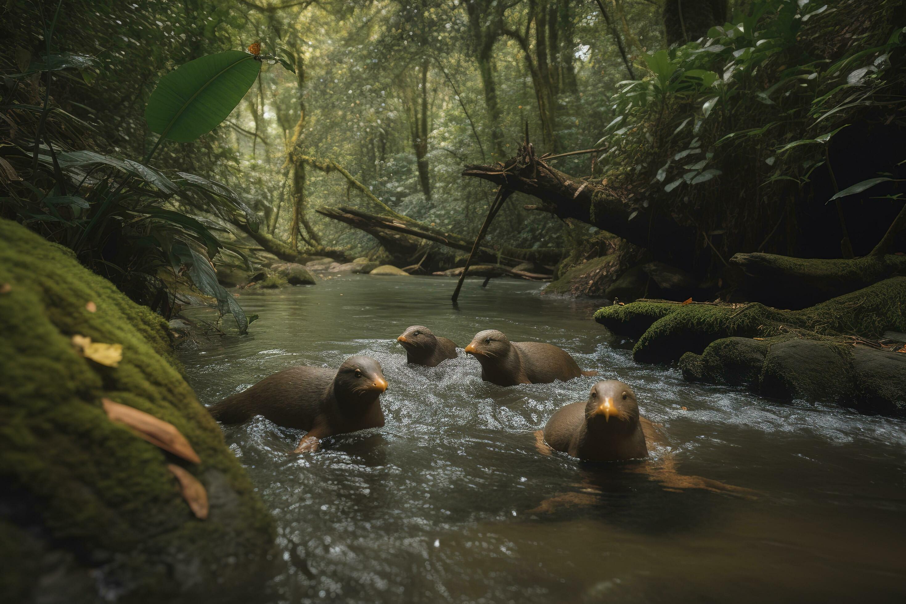 A family of platypuses swimming in a river surrounded by a dense forest, generate ai Stock Free