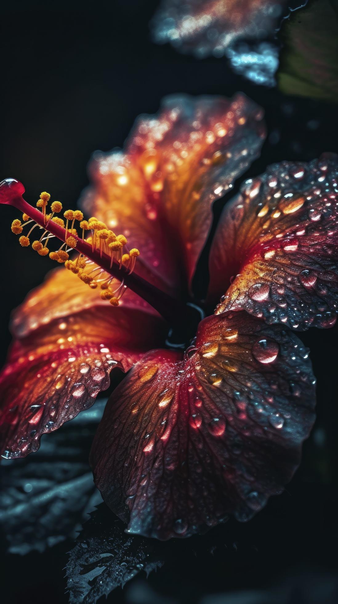 hibiscus flower with water drops with random background, sun rise, Generate Ai Stock Free