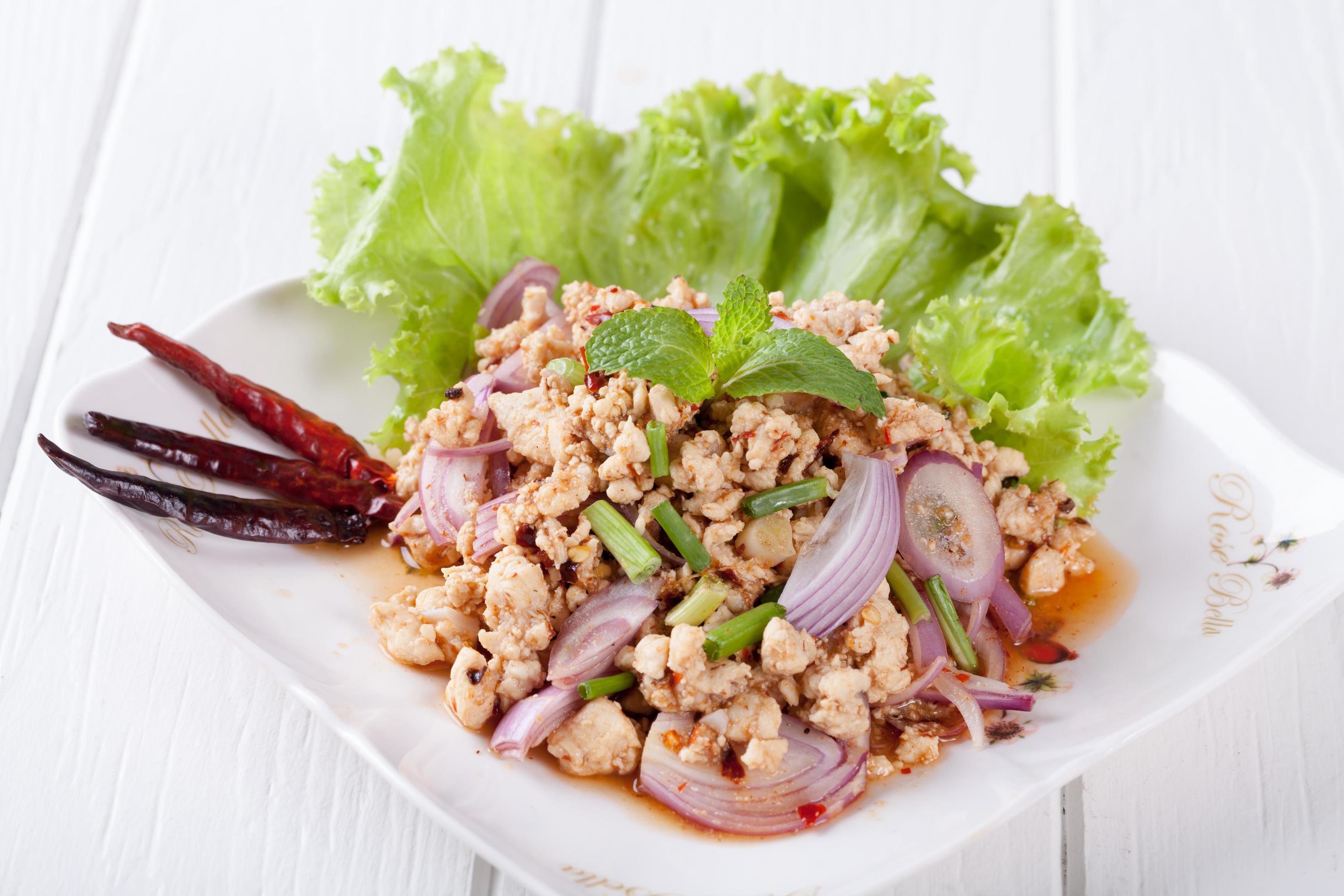 Spicy minced pork salad , Thai food Stock Free