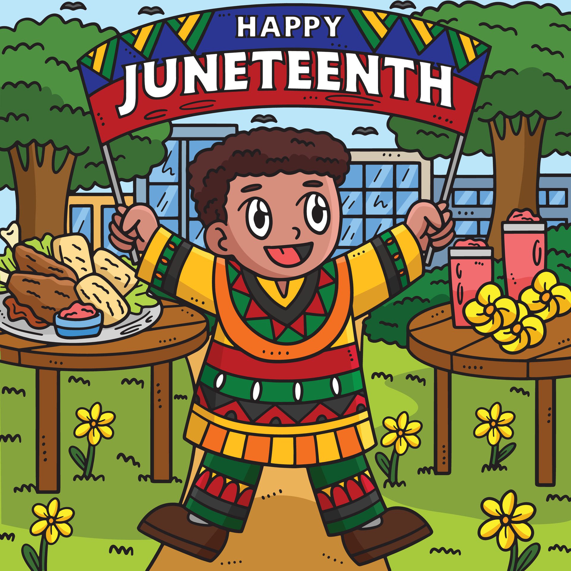 Happy Juneteenth Boy Holding Banner Colored Free Vector