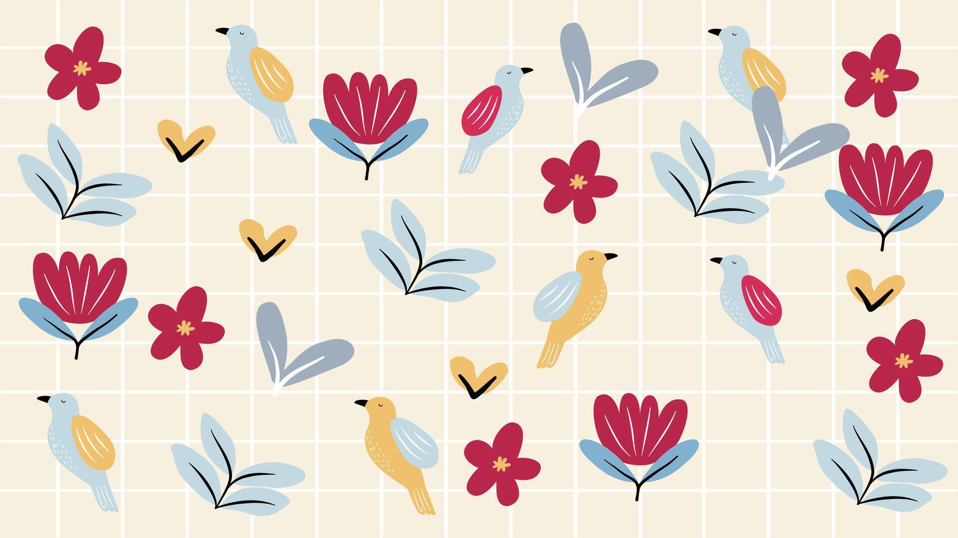 simple flowers and bird patterns for background, wallpaper, fabric, textile, surface design, wrapping paper Stock Free