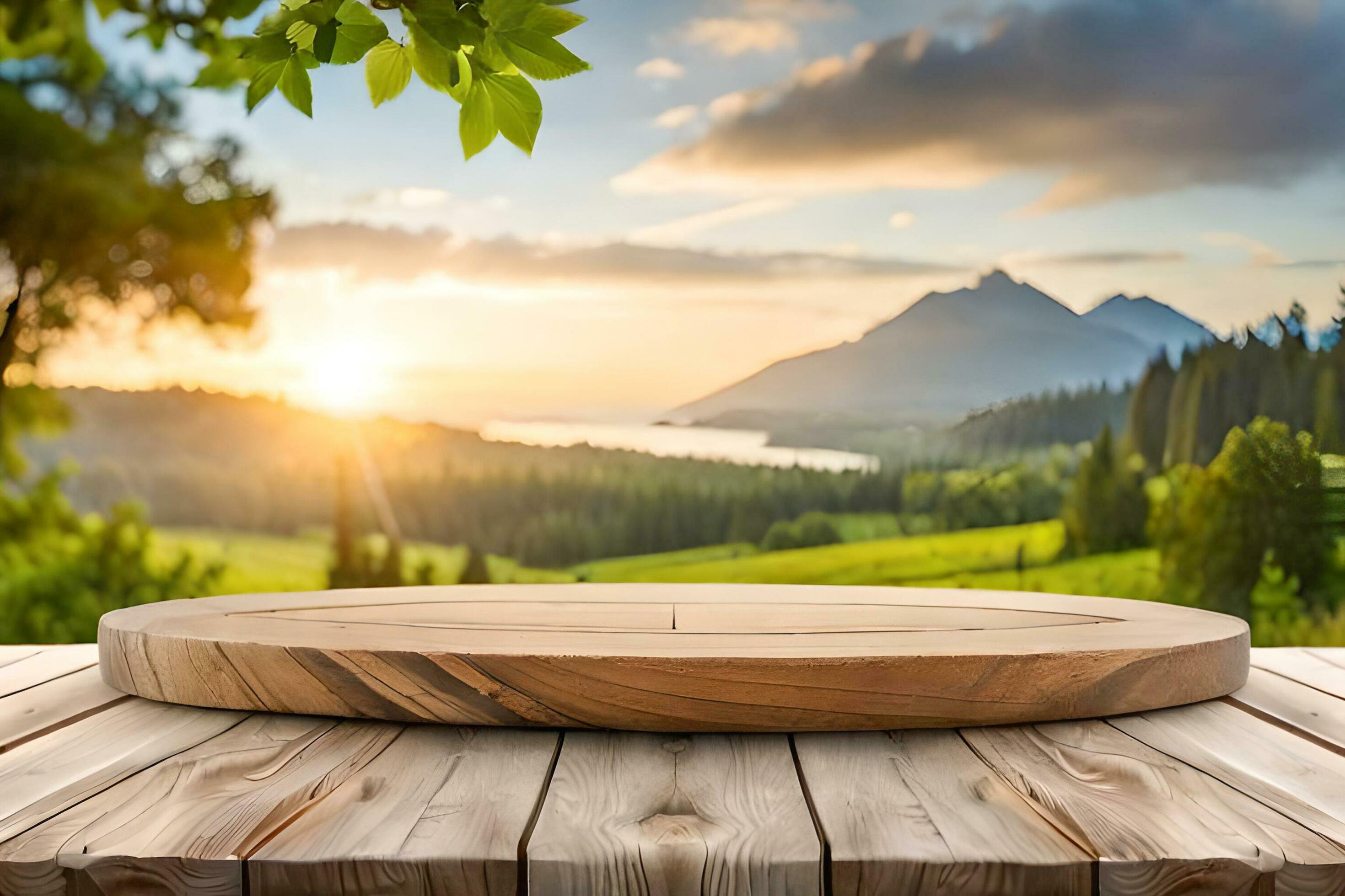 A rustic wood table in the middle of a nature background for product Display Stock Free