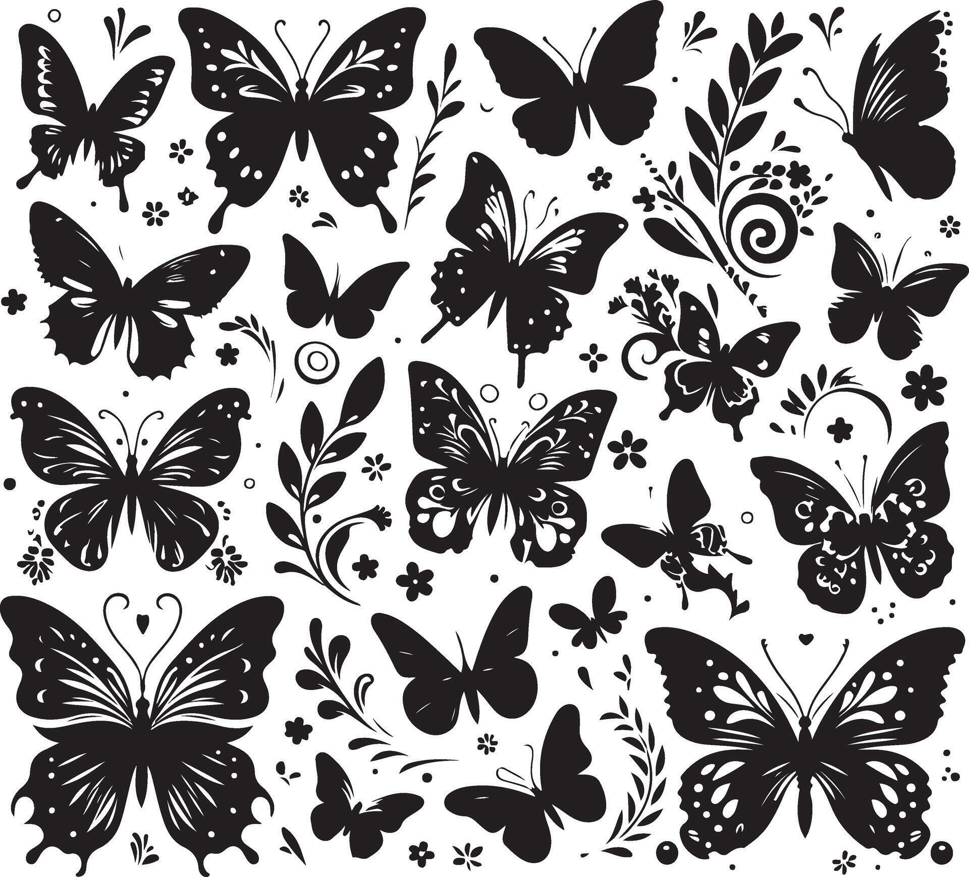 Butterflies and flowers, pattern with butterflies, set of butterflies, Flying butterflies silhouette black set isolated on white background Stock Free