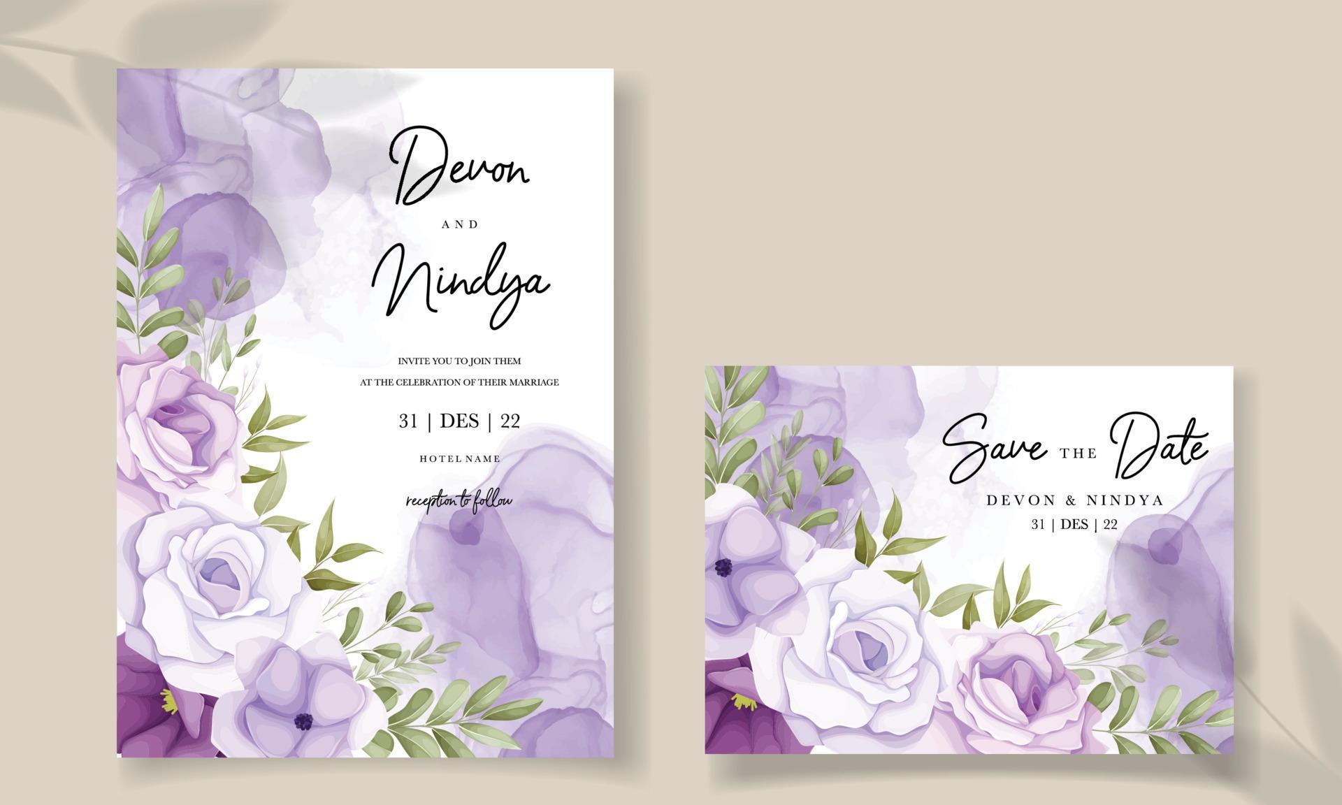 Elegant wedding invitation card with purple flower decoration Stock Free